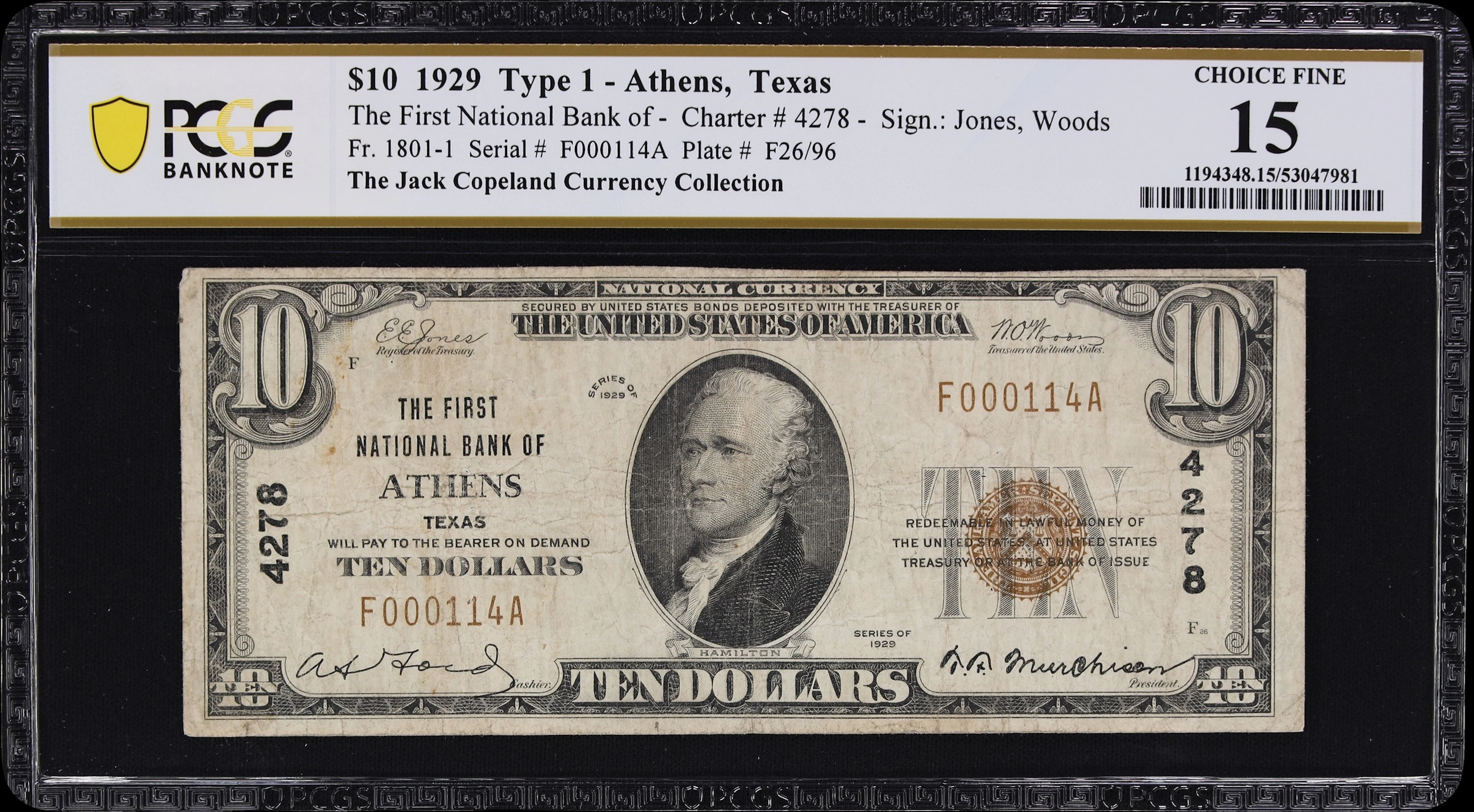 Athens, Texas. $10 1929 Ty. 1. Fr. 1801-1. First NB. Charter #4278.