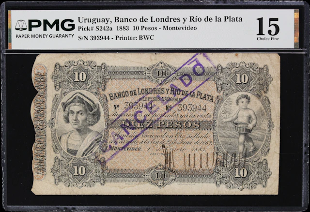 URUGUAY. Banco de Londres y Rio de la Plata. 10 Pesos, 1.1.1883. P-S242a.