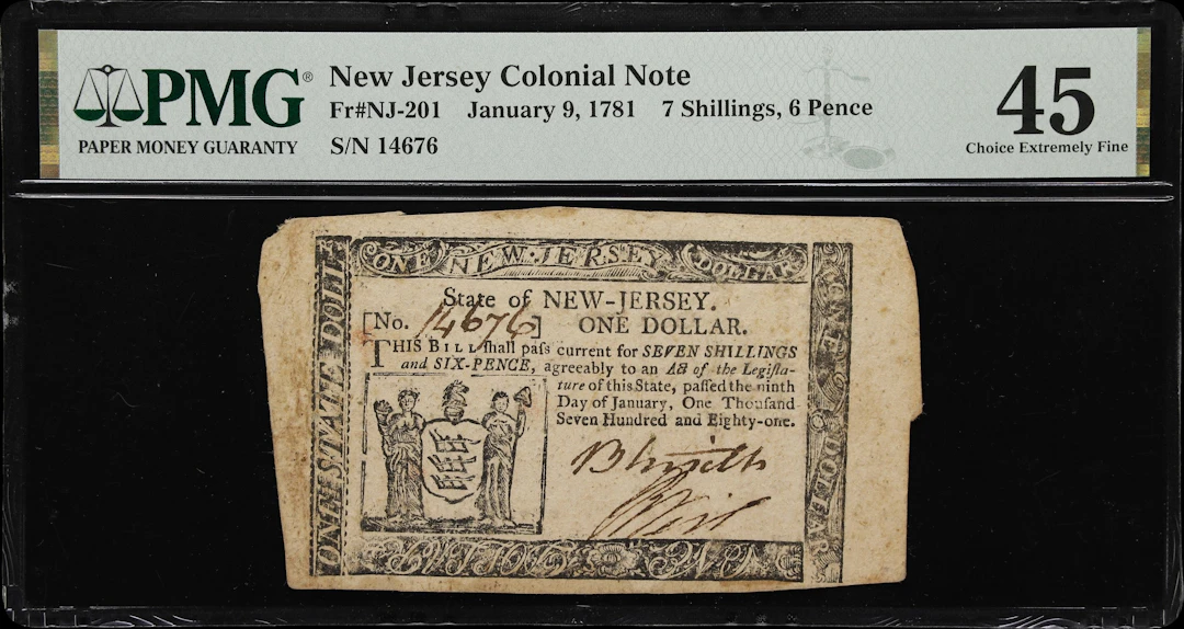 NJ-201. New Jersey. January 9, 1781. 7 Shillings, 6 Pence. PMG Choice