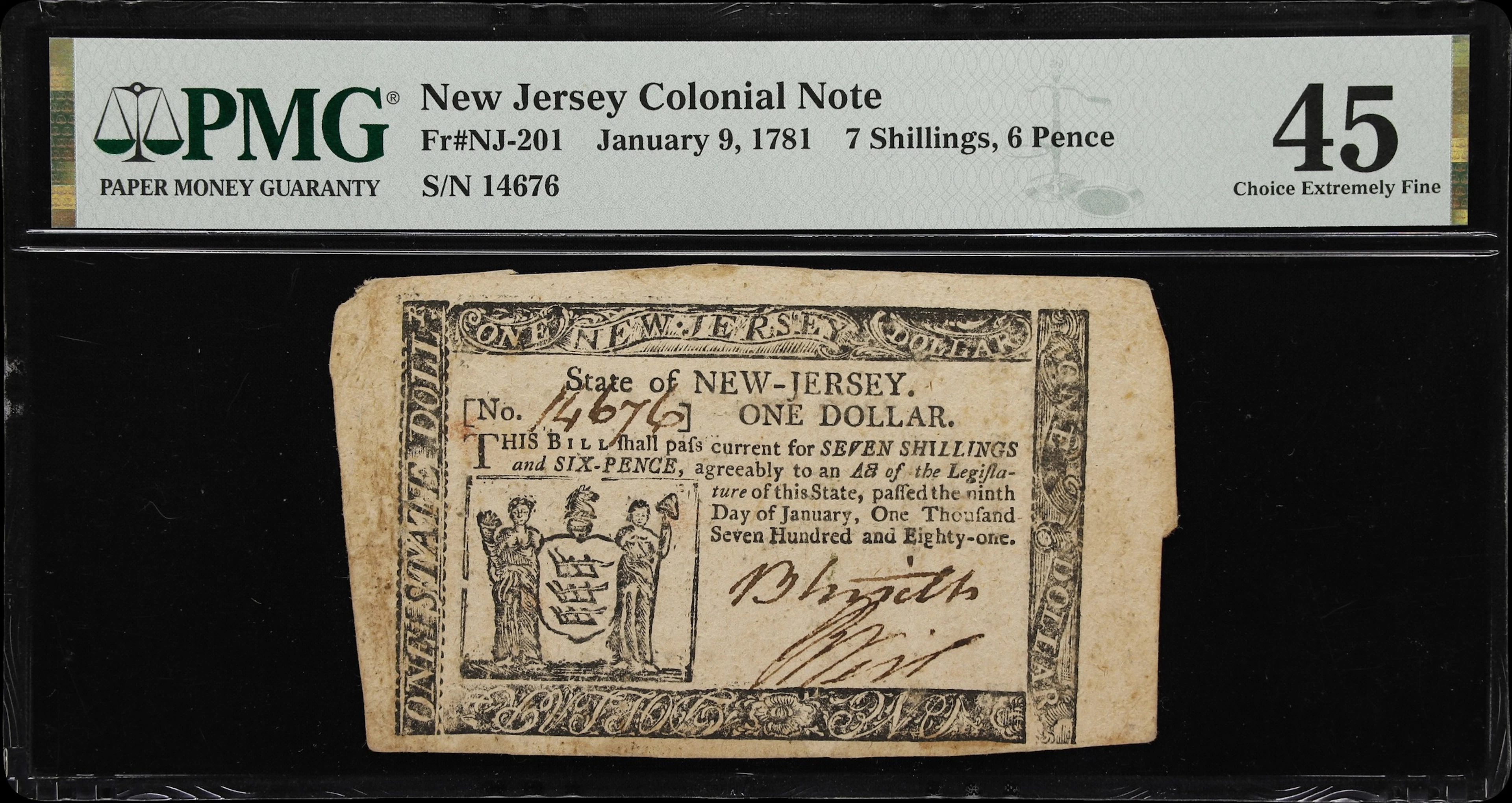 NJ-201. New Jersey. January 9, 1781. 7 Shillings, 6 Pence. PMG Choice