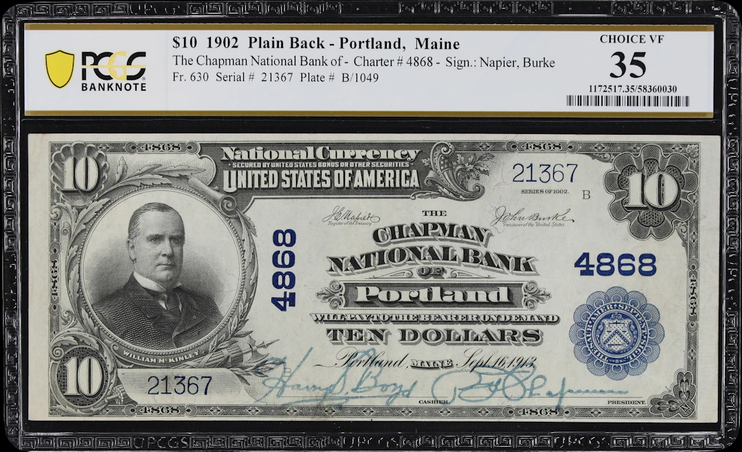 Portland, Maine. $10 1902 Plain Back. Fr. 630. Chapman NB. Charter