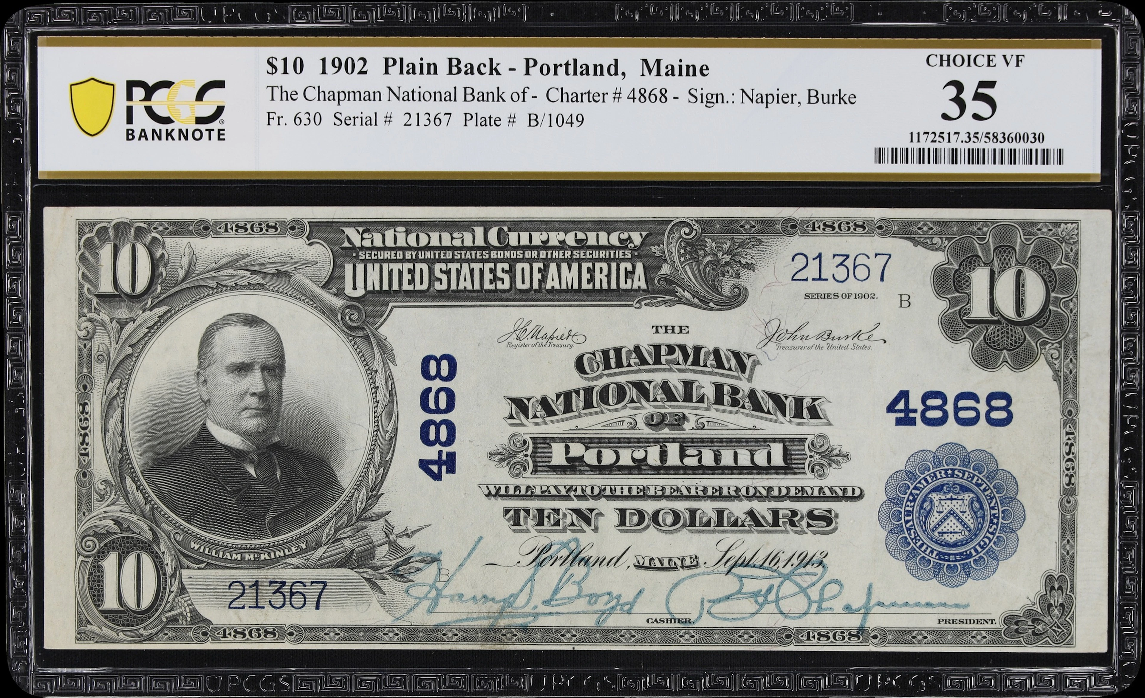 Portland, Maine. $10 1902 Plain Back. Fr. 630. Chapman NB. Charter
