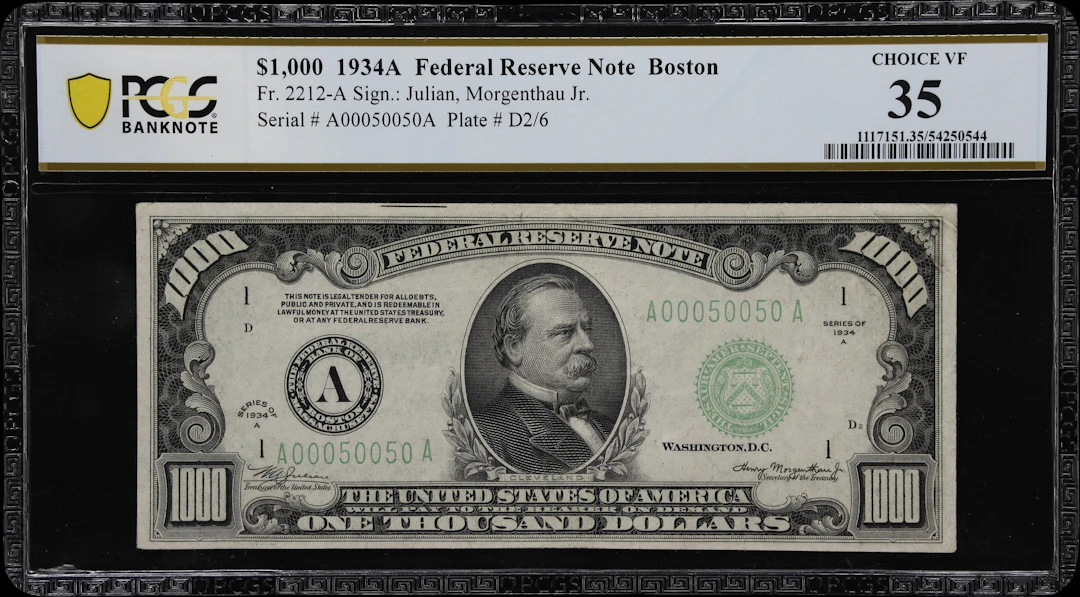 Fr. 2212-A. 1934A $1000 Federal Reserve Note. Boston. PCGS Banknote