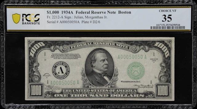 Fr. 2212-A. 1934A $1000 Federal Reserve Note. Boston. PCGS Banknote