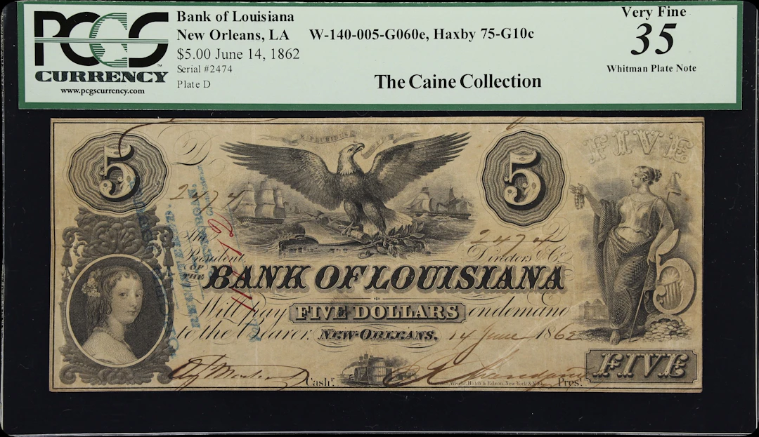 New Orleans, Louisiana. Bank of Louisiana. 1862 $5. PCGS Currency Very Fine 35.
