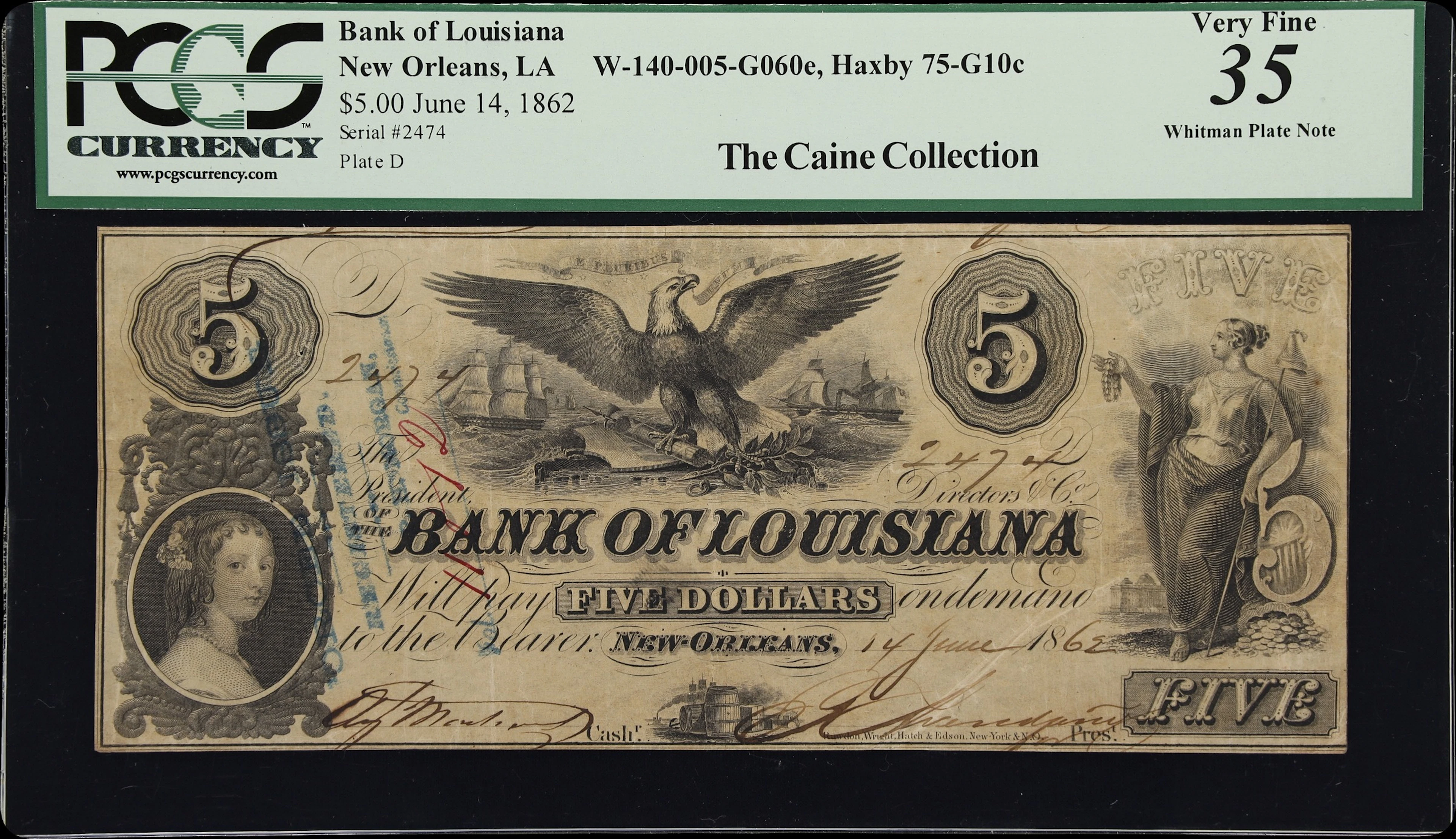 New Orleans, Louisiana. Bank of Louisiana. 1862 $5. PCGS Currency Very Fine 35.