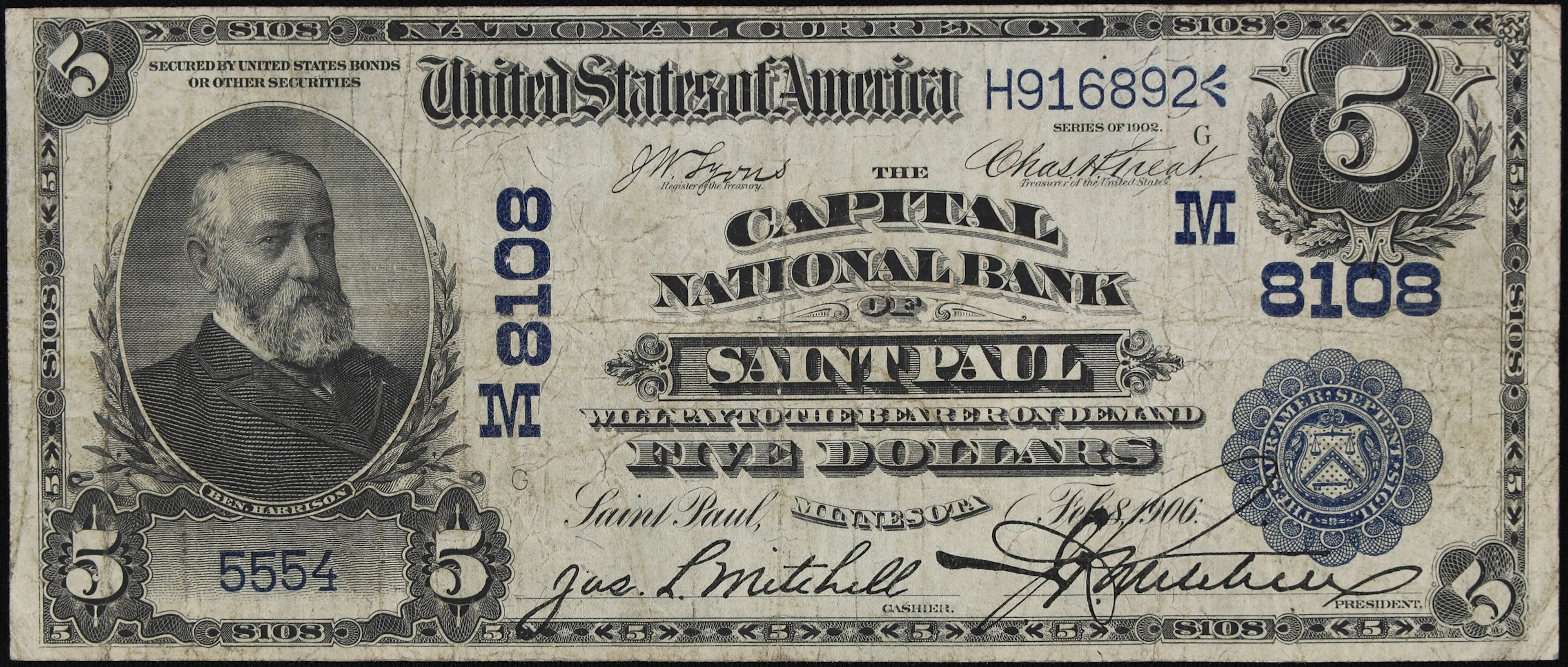 Saint Paul, Minnesota. $5 1902 Date Back. Fr. 591. The Capital NB.