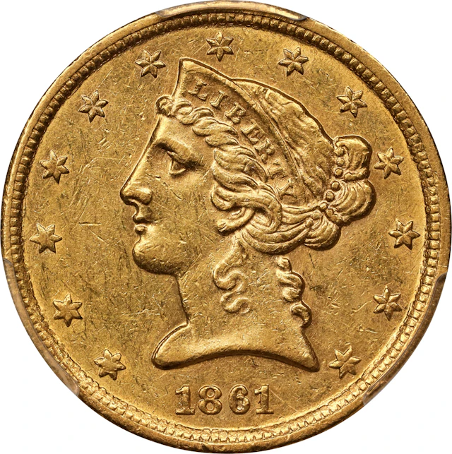 1861-C Liberty Head Half Eagle. Winter. AU-55 (PCGS).