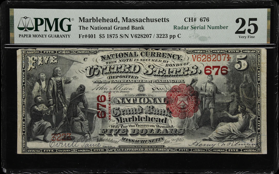 Marblehead, Massachusetts. $5 1875. Fr. 401. National Grand Bank.
