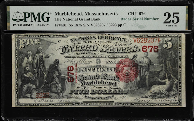 Marblehead, Massachusetts. $5 1875. Fr. 401. National Grand Bank.