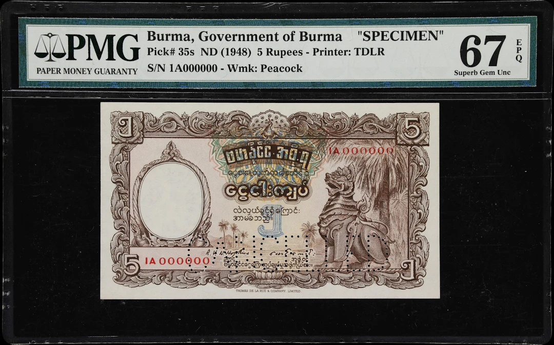 BURMA. Government of Burma. 5 Rupees, ND (1948). P-35s. Specimen.
