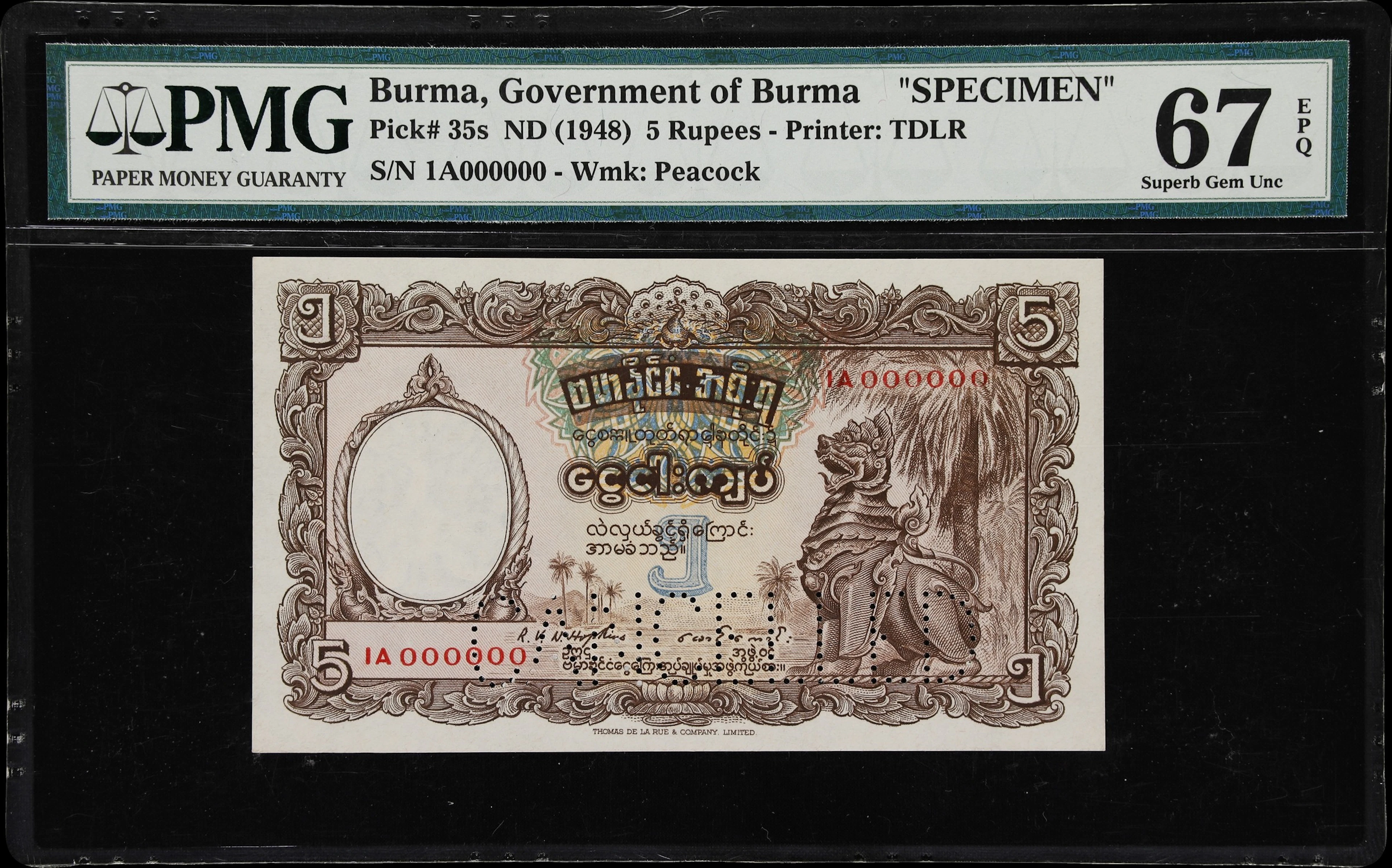 BURMA. Government of Burma. 5 Rupees, ND (1948). P-35s. Specimen.