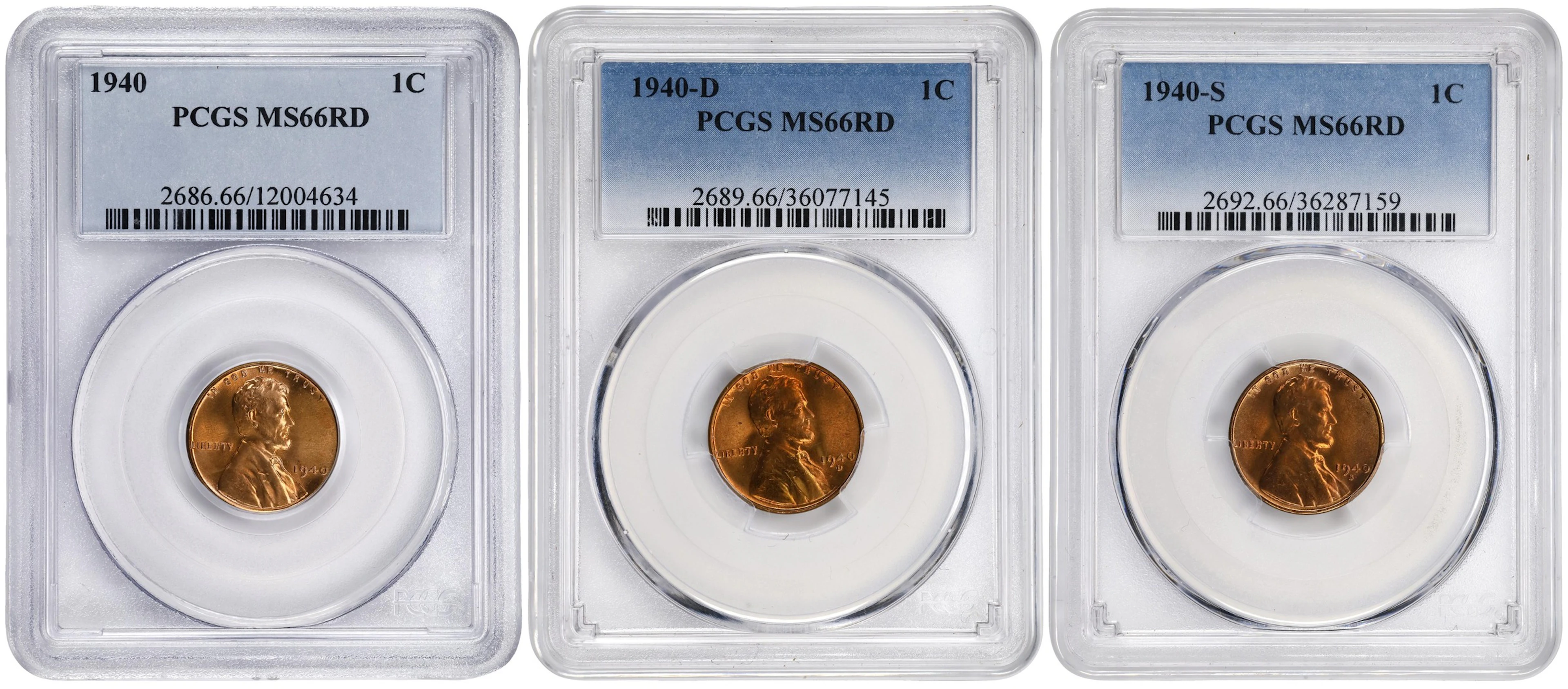 1940 Lincoln Cent. PDS Set. MS-66 RD (PCGS).
