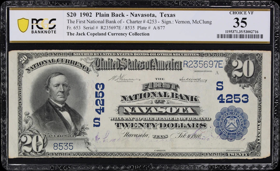 Navasota, Texas. $20 1902 Plain Back. Fr. 653. First NB. Charter #4253.