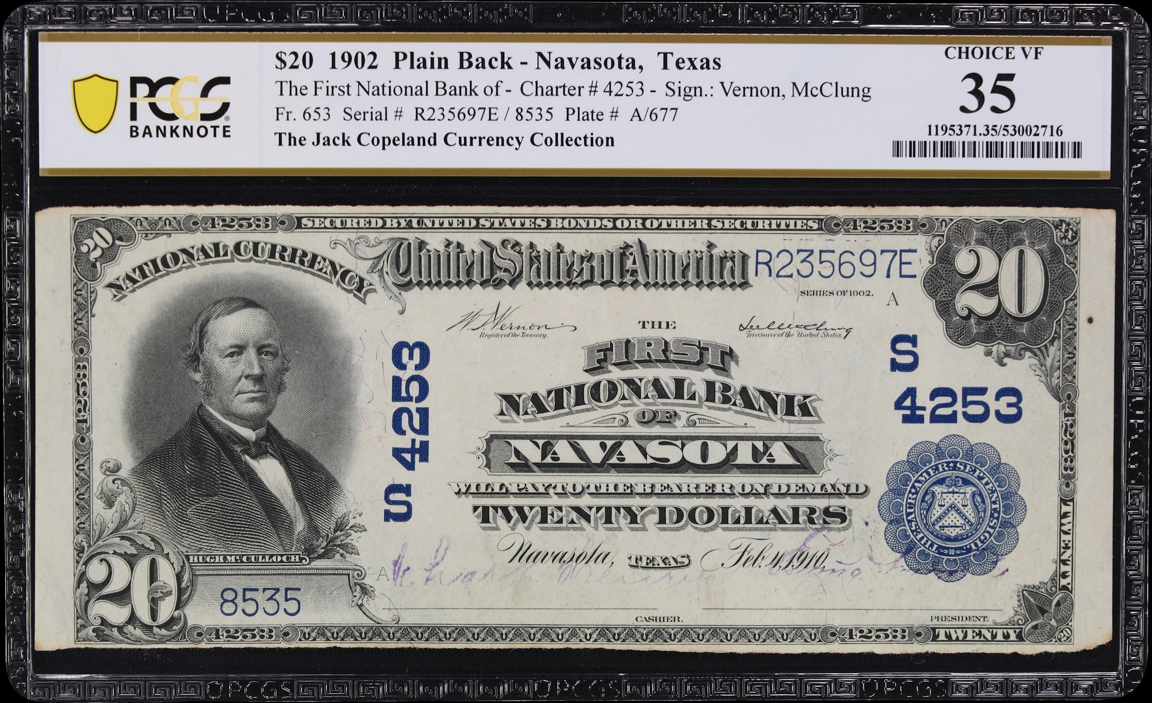 Navasota, Texas. $20 1902 Plain Back. Fr. 653. First NB. Charter #4253.