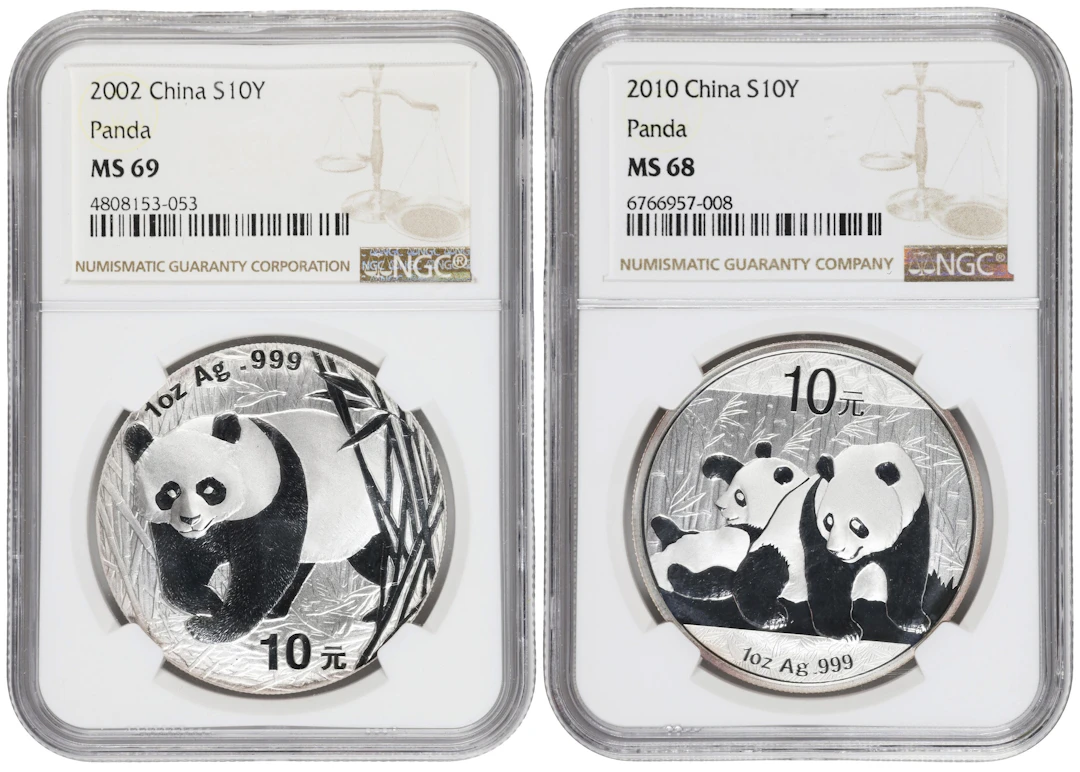 (t) CHINA. Duo of Silver 10 Yuan (2 Pieces), 2002-10. Panda Series.