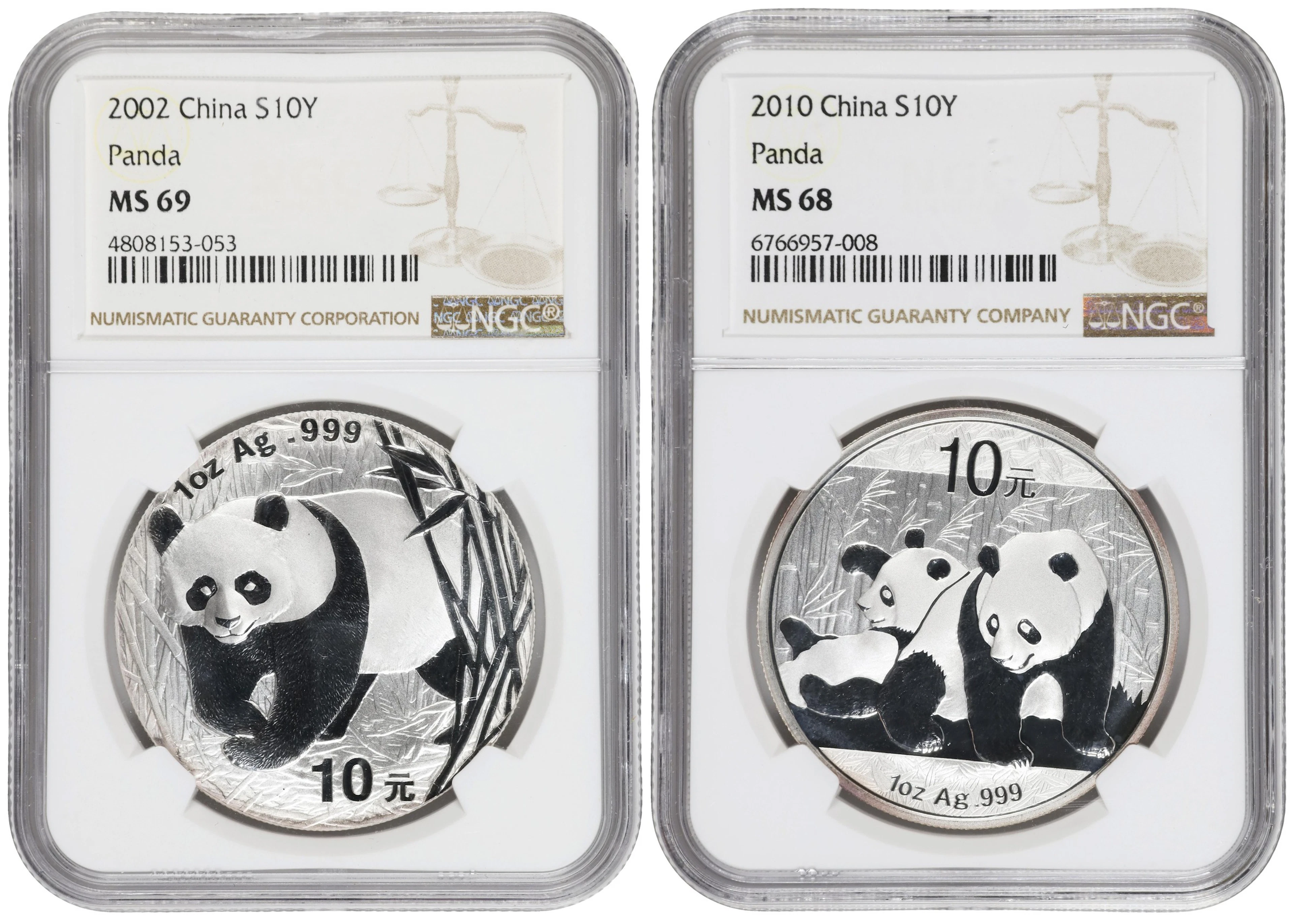 (t) CHINA. Duo of Silver 10 Yuan (2 Pieces), 2002-10. Panda Series.