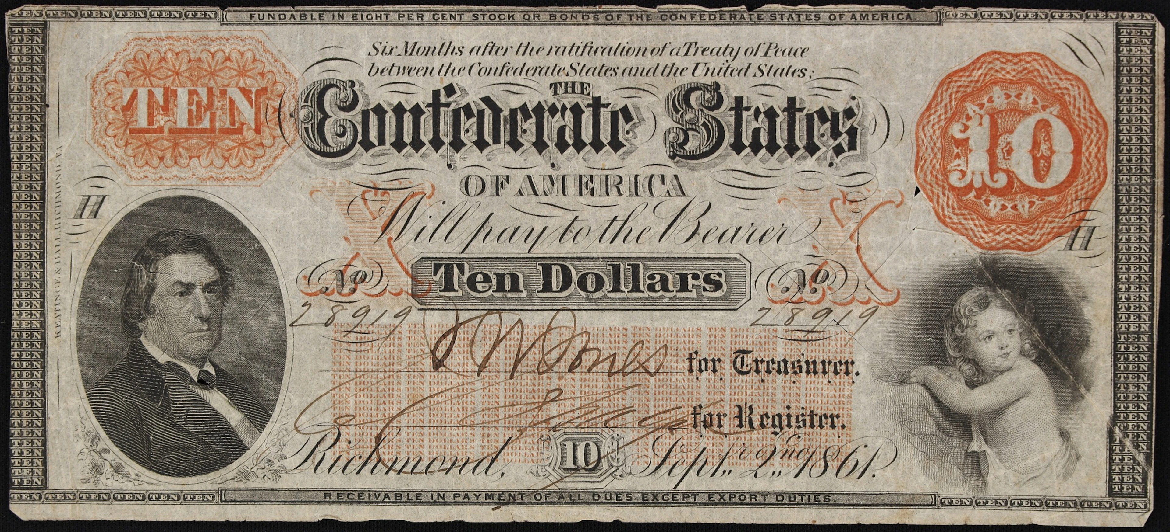 T-24. Confederate Currency. 1861 $10. Fine. Cut Cancelled.