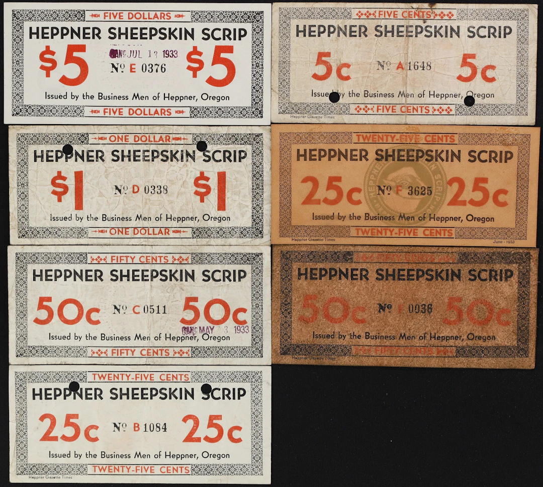 Lot of (7) Heppner, Oregon. Heppner Sheepskin Scrip. 1930s 5 Cents