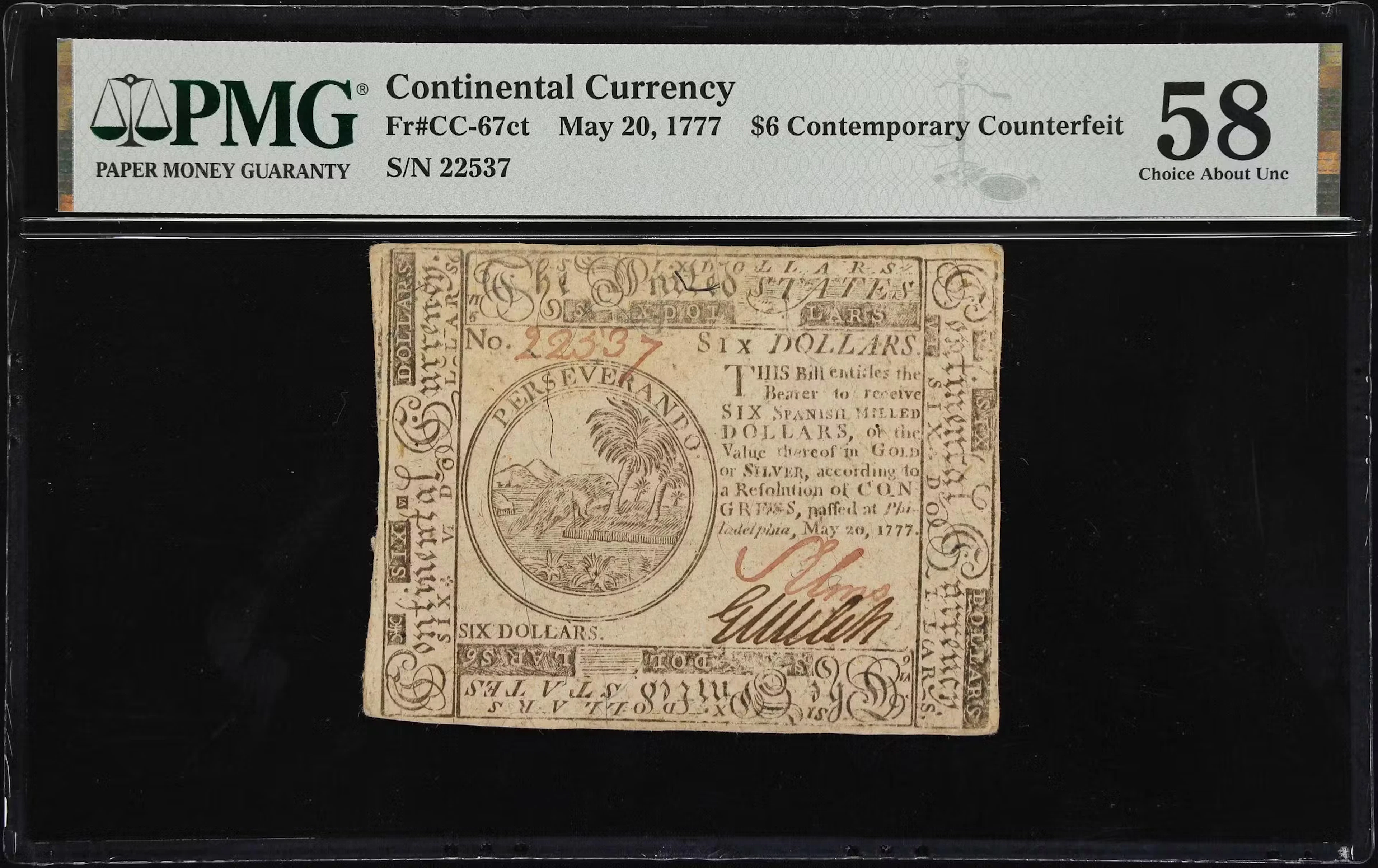 CC-67ct. Continental Currency. May 20, 1777. $6. PMG Choice About