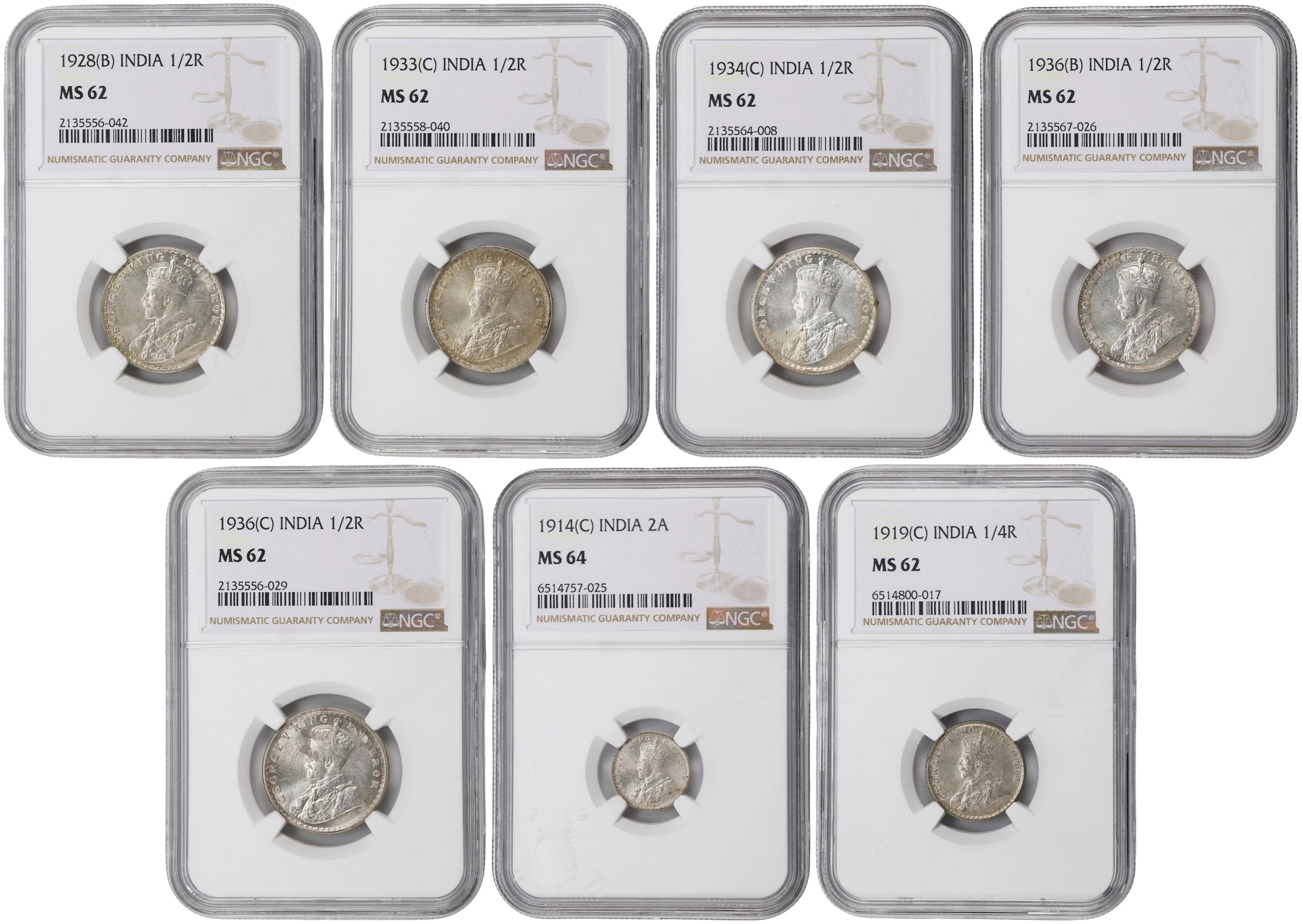 INDIA. Septet of Silver Denominations (7 Pieces), 1914-36. George