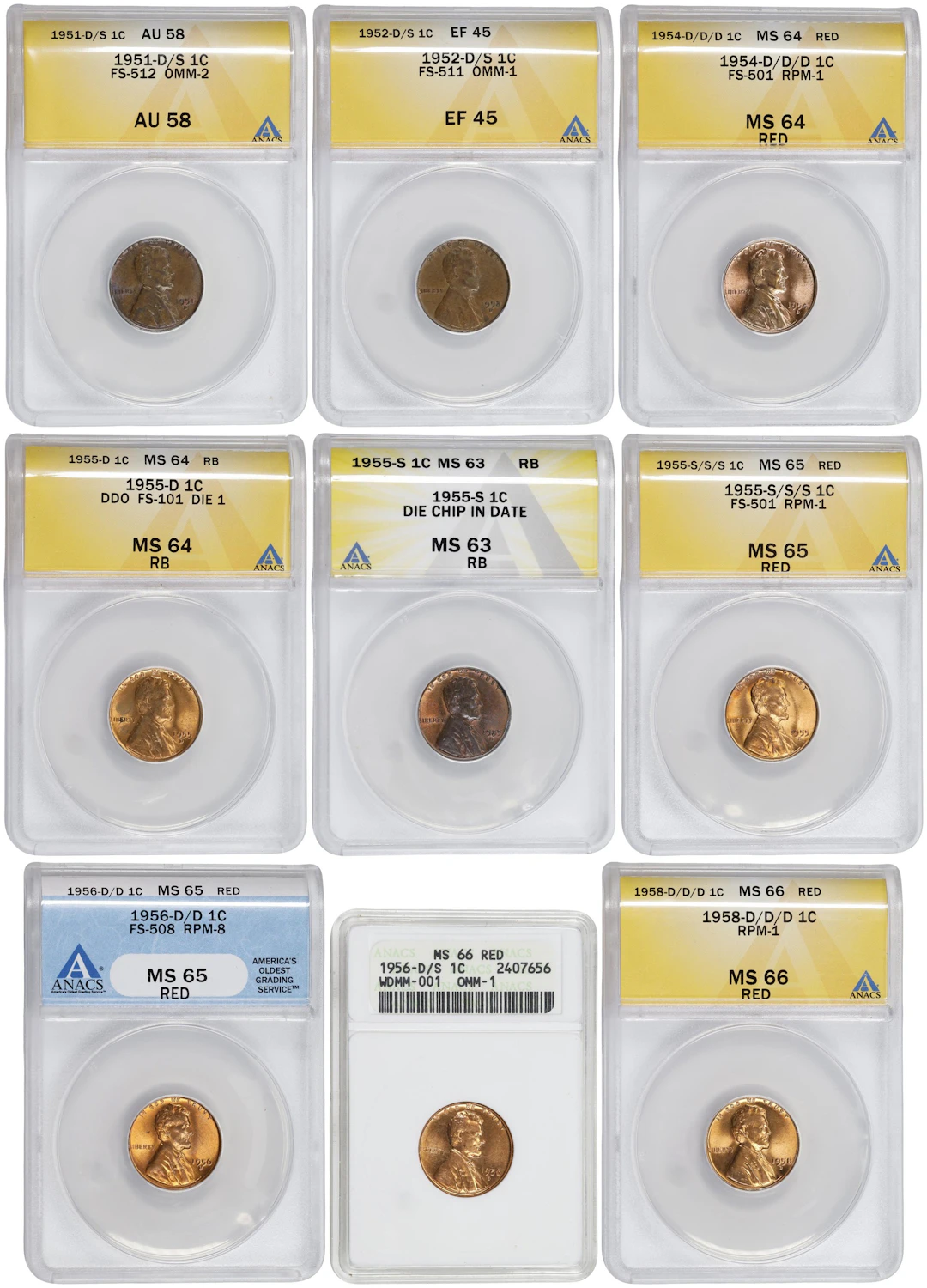 Lot of (9) 1950s Lincoln Cent Varieties. (ANACS).
