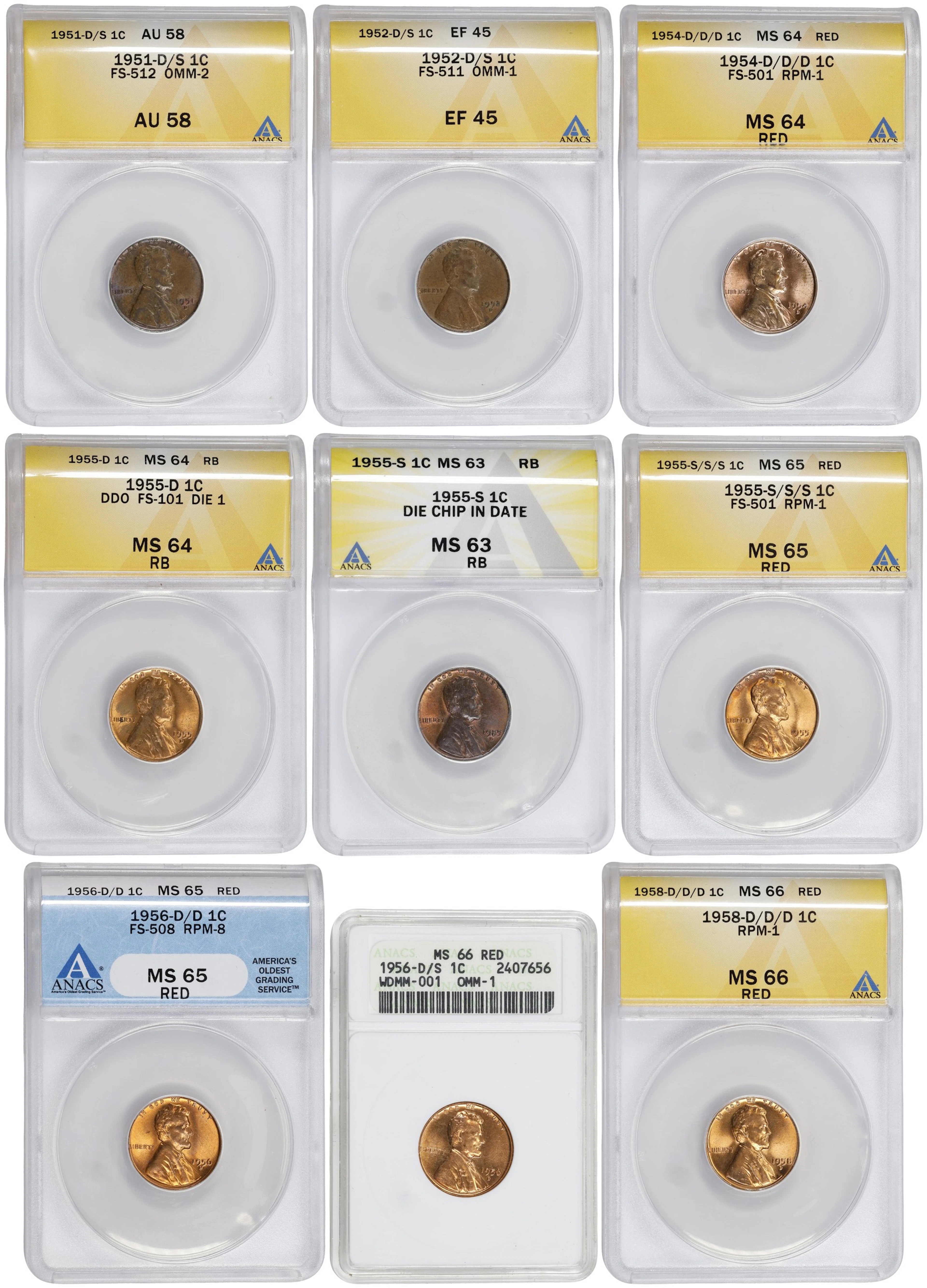 Lot of (9) 1950s Lincoln Cent Varieties. (ANACS).