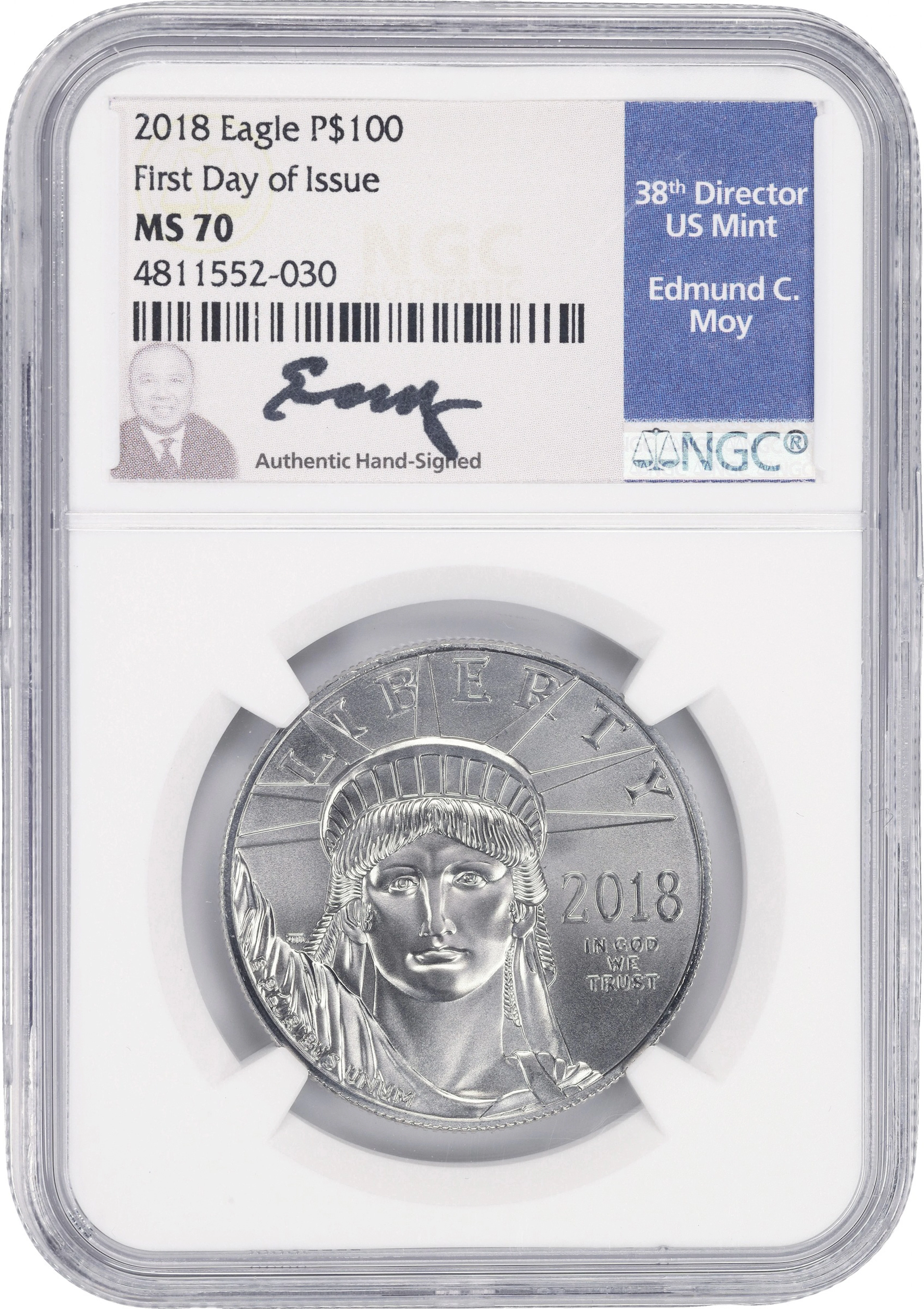 (1 oz, 31.104 g APtW). 2018 American Platinum Eagle $100. MS-70 (NGC).