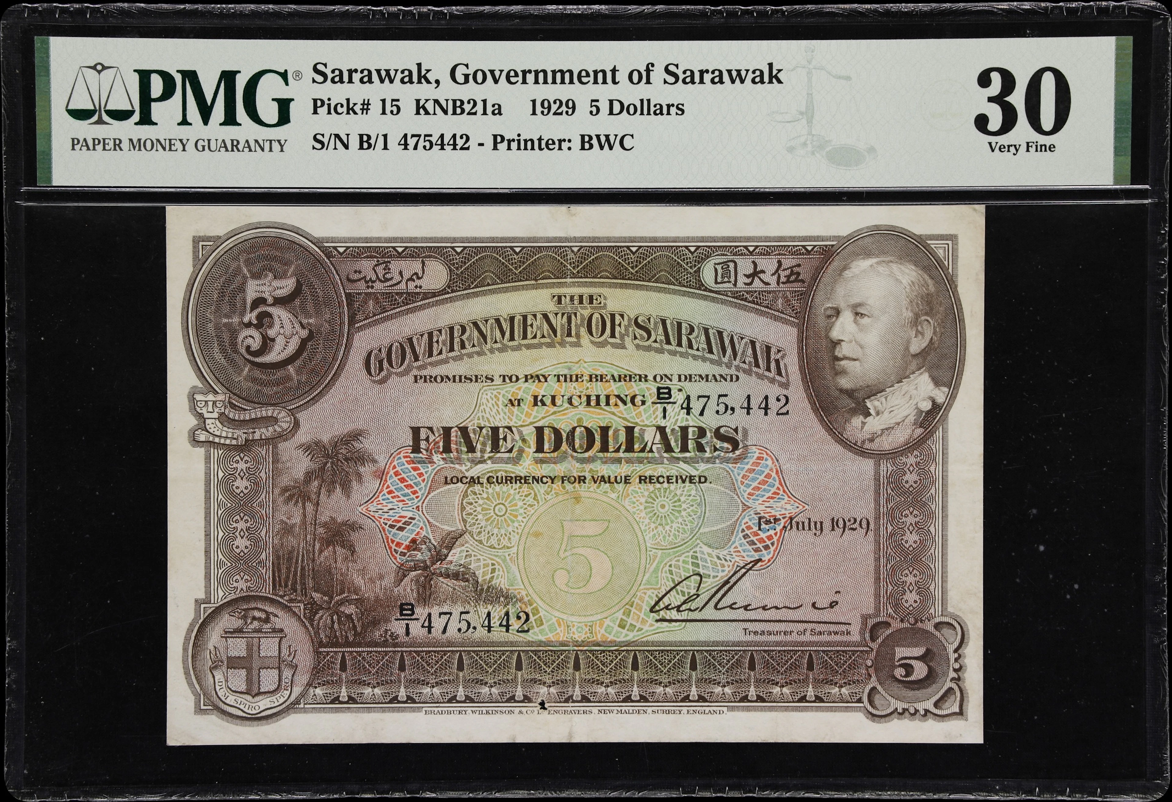 SARAWAK. Government of Sarawak. 5 Dollars, 1.7.1929. P-15. KNB21a.