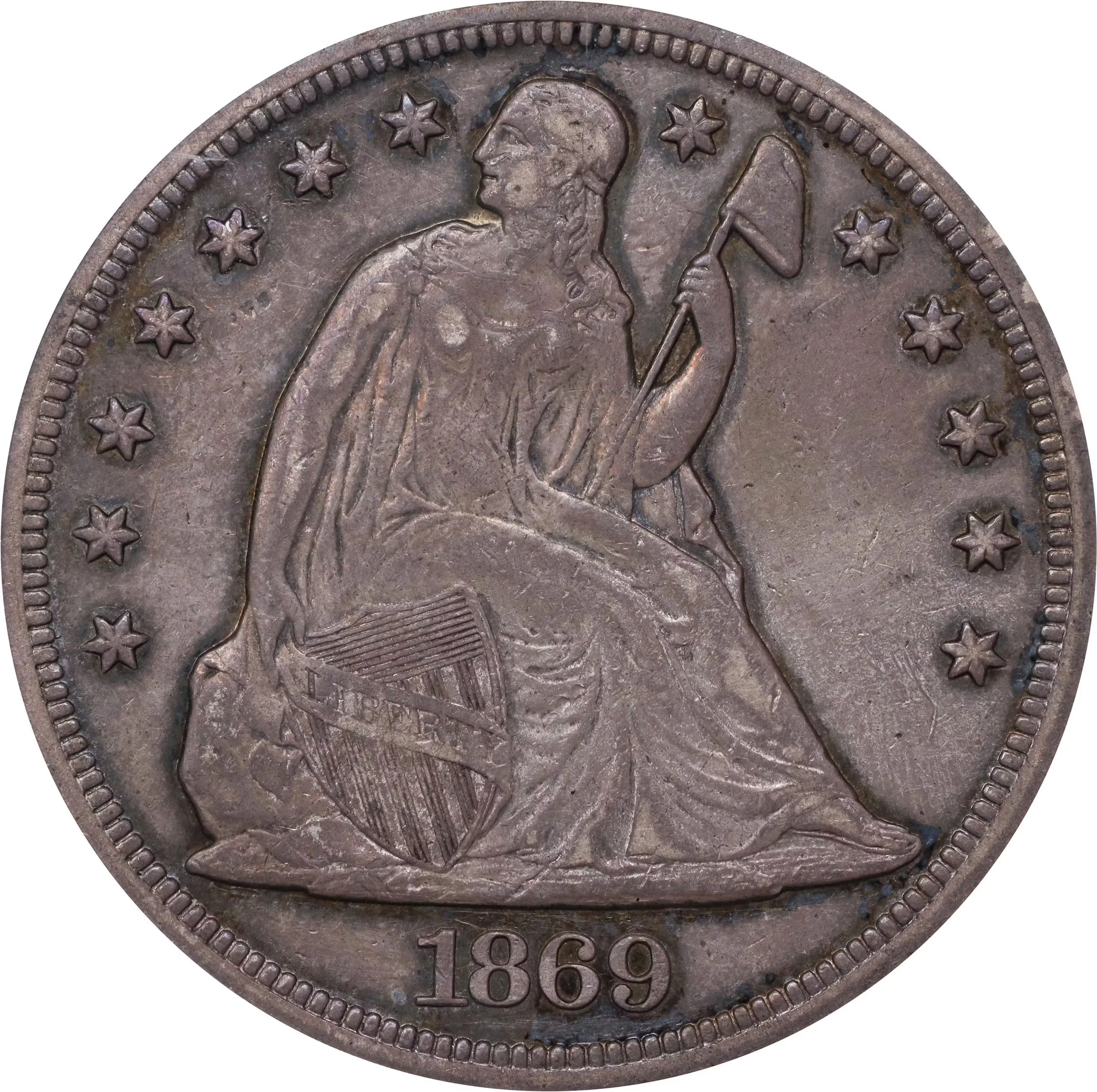 1869 Liberty Seated Silver Dollar. OC-2. Rarity-2. Misplaced Date