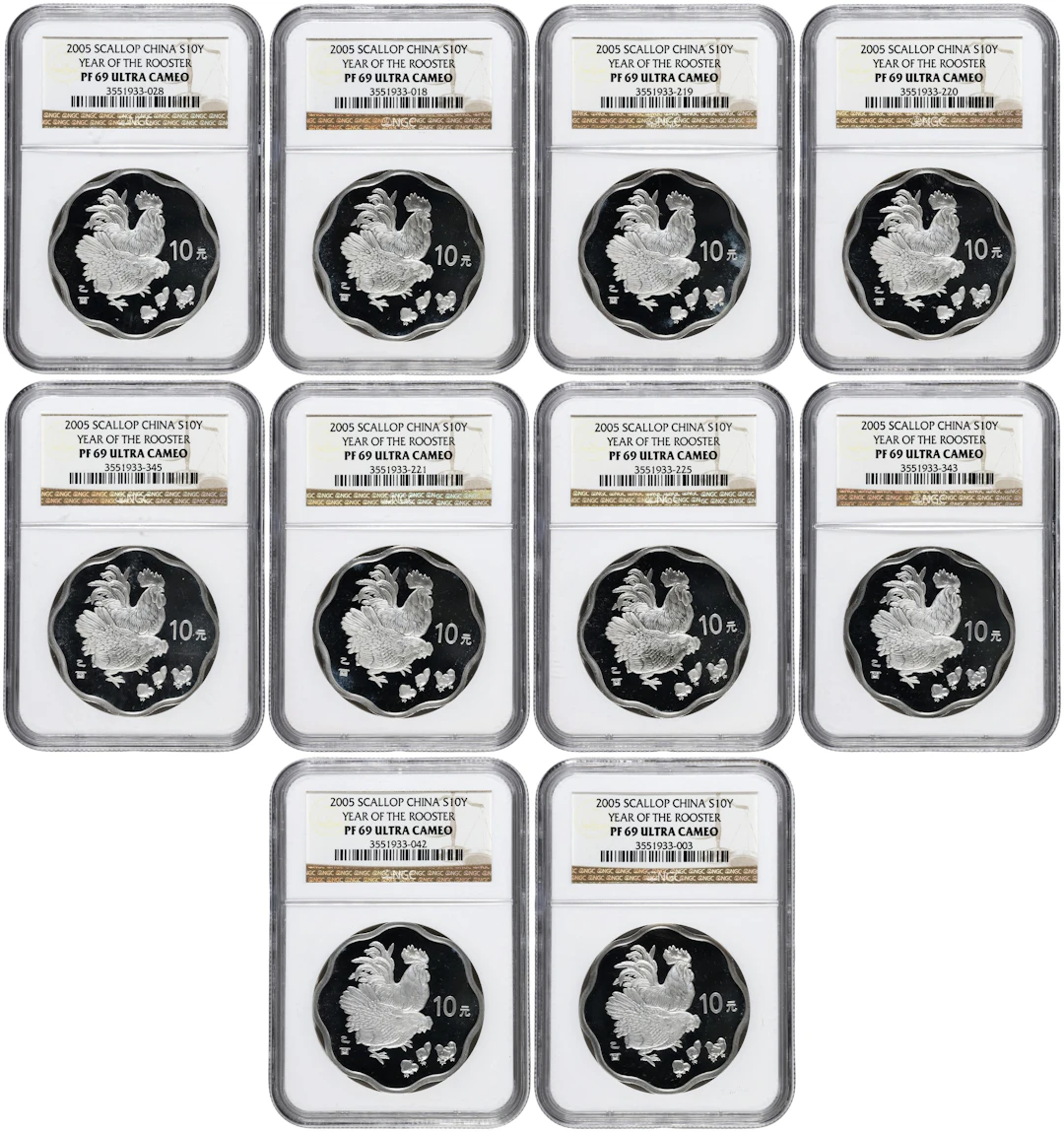 CHINA. Group of Silver 10 Yuan (10 Pieces), 2005. Lunar Series, Year