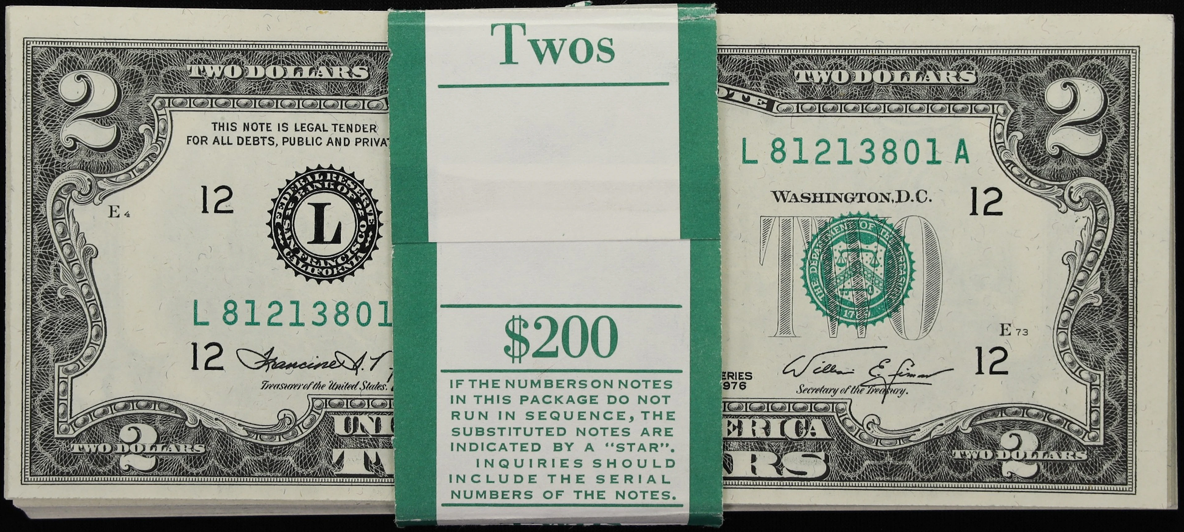 Original Pack of 100. Fr. 1935-L. 1976 $2 Federal Reserve Notes. San