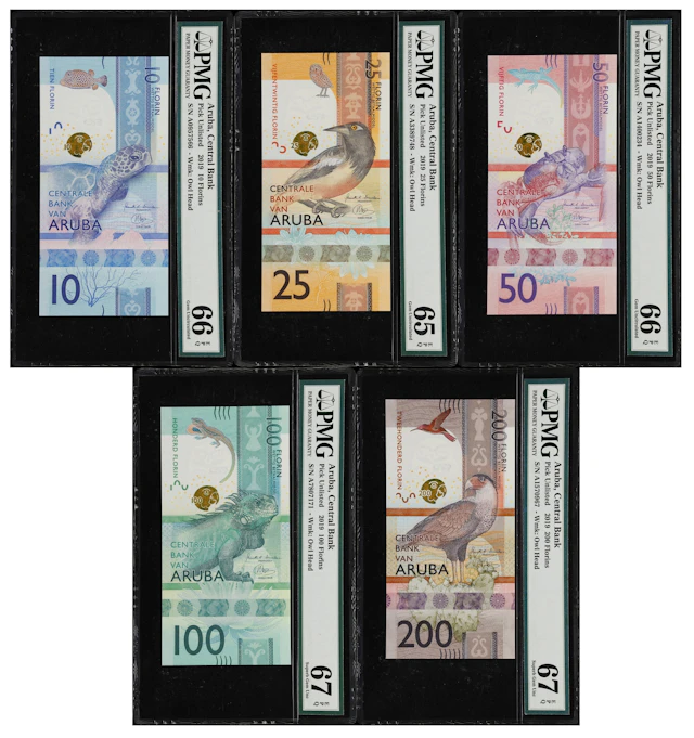 ARUBA. Lot of (5). Centrale Bank van Aruba. 10, 25, 50, 100, & 200