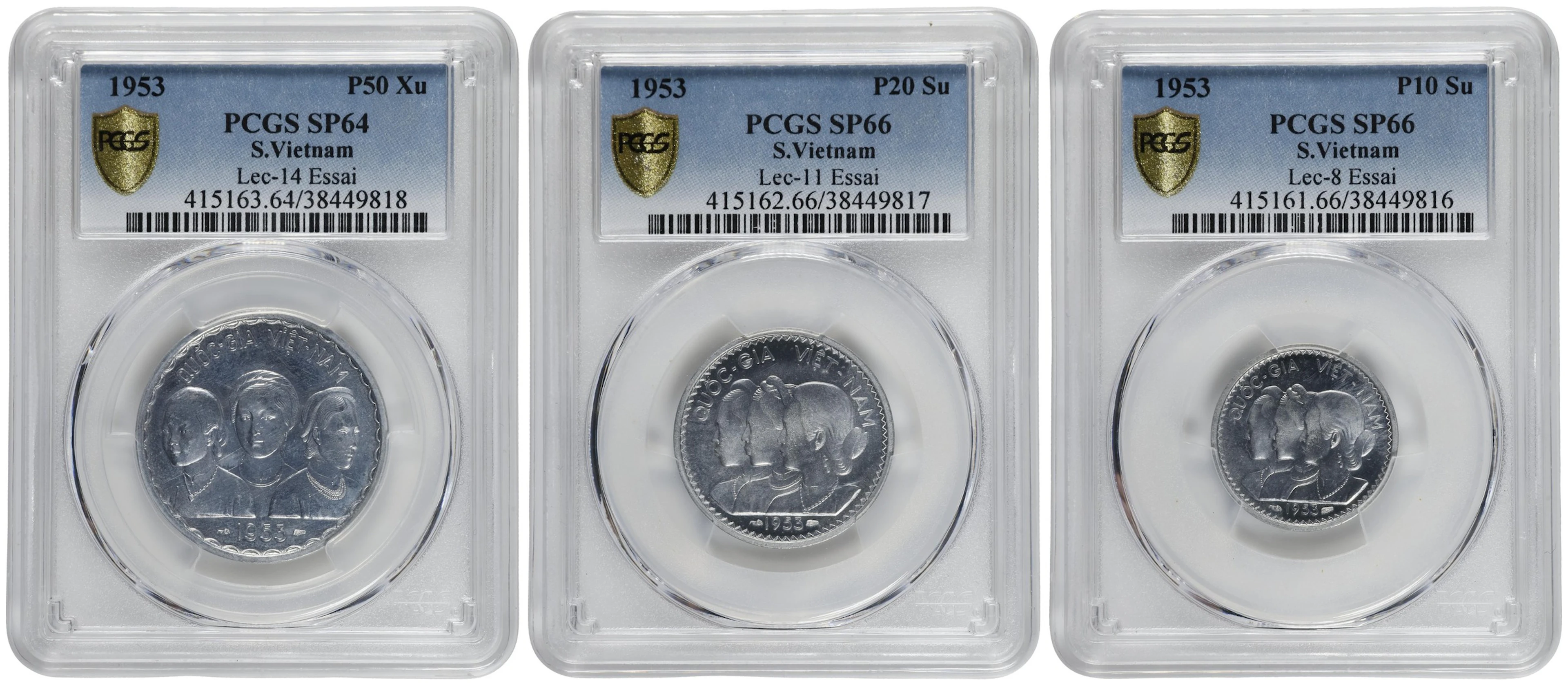 VIETNAM. Aluminum Essai (Pattern) Set (3 Pieces), 1953. Paris Mint.