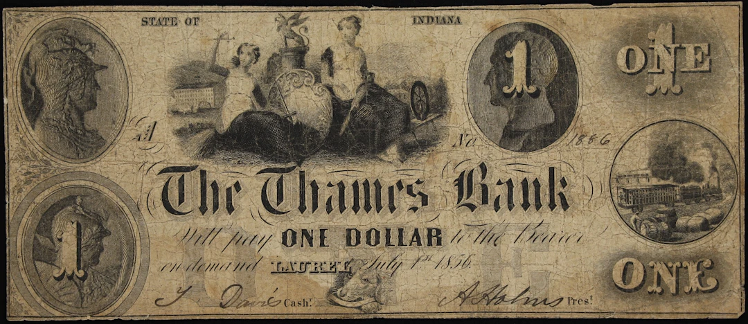Laurel, Indiana. Thames Bank. 1856 $1. Very Good.