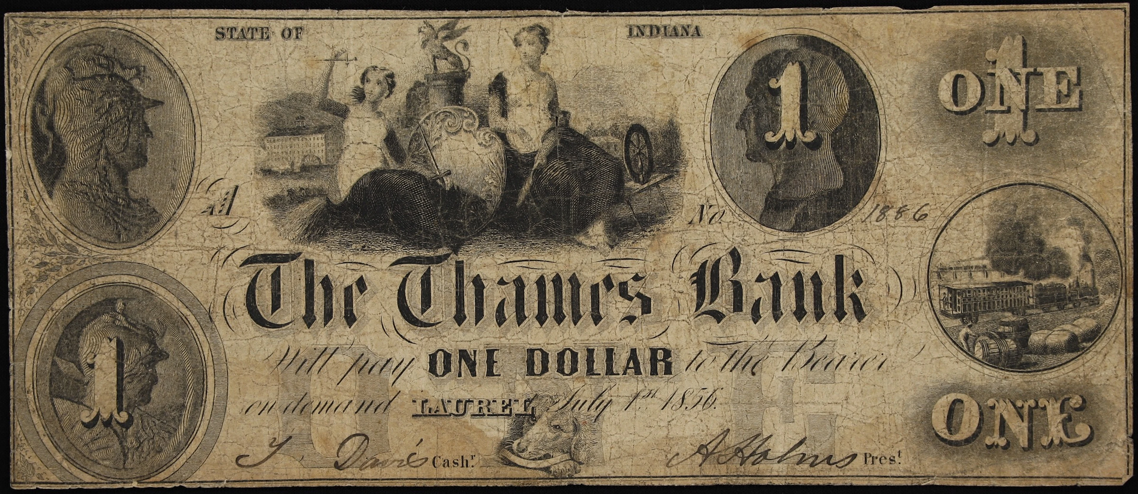 Laurel, Indiana. Thames Bank. 1856 $1. Very Good.