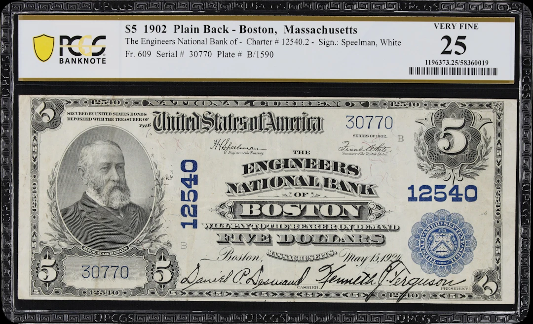Boston, Massachusetts. $5 1902 Plain Back. Fr. 609. Engineers NB.