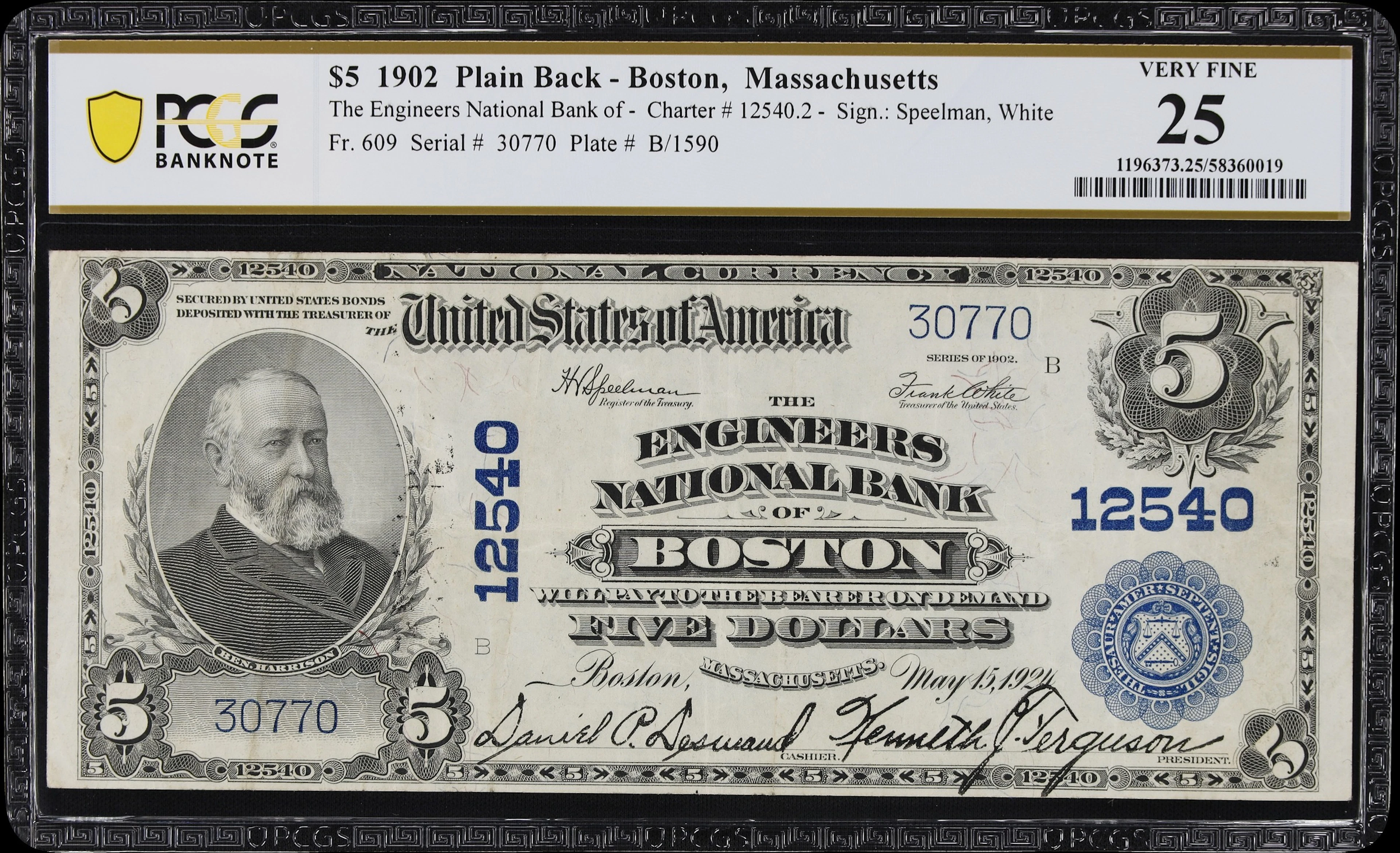 Boston, Massachusetts. $5 1902 Plain Back. Fr. 609. Engineers NB.