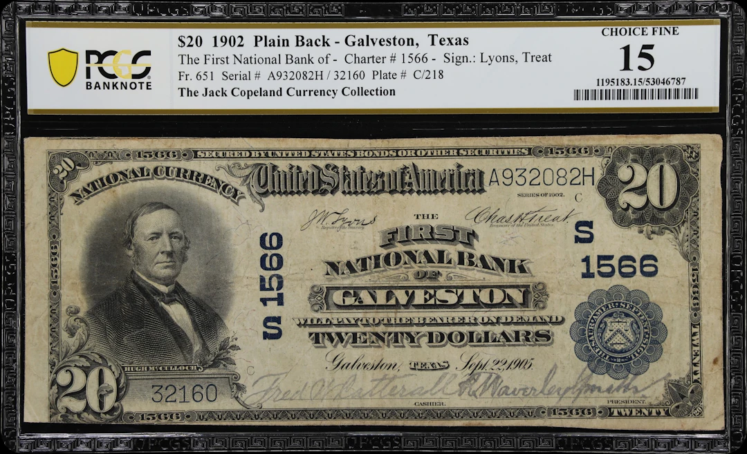 Galveston, Texas. $20 1902 Plain Back. Fr. 651. First NB. Charter