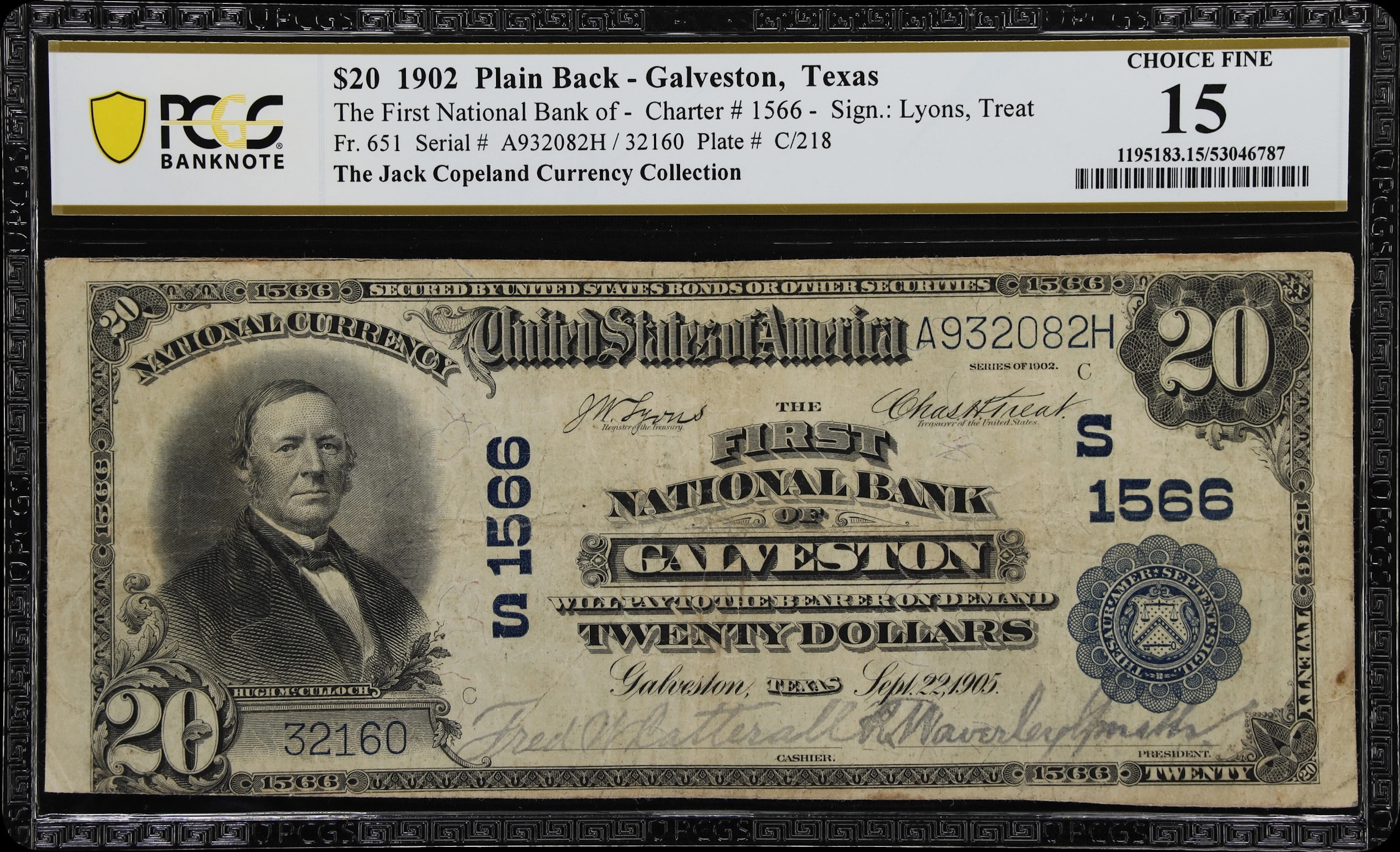 Galveston, Texas. $20 1902 Plain Back. Fr. 651. First NB. Charter
