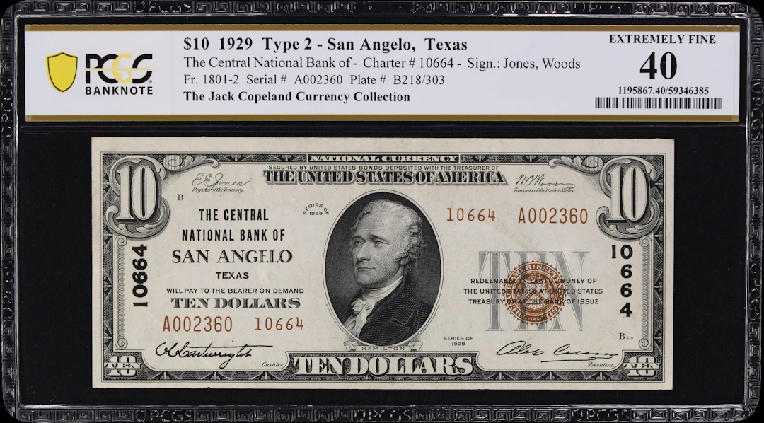 San Angelo, Texas. $10 1929 Ty. 2. Fr. 1801-2. Central NB. Charter
