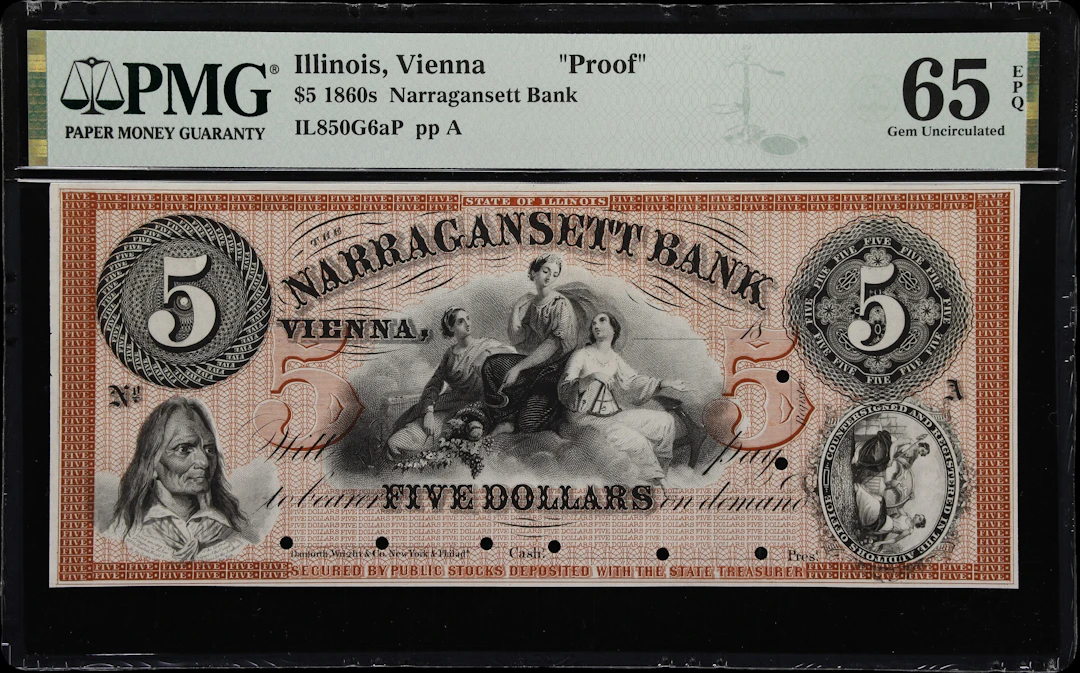 Vienna, Illinois. Narragansett Bank. 18xx $5. PMG Gem Uncirculated