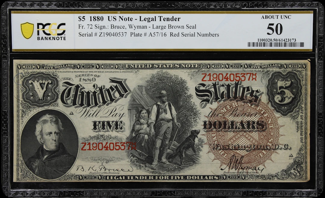 Fr. 72. 1880 $5 Legal Tender Note. PCGS Banknote About Uncirculated 50.