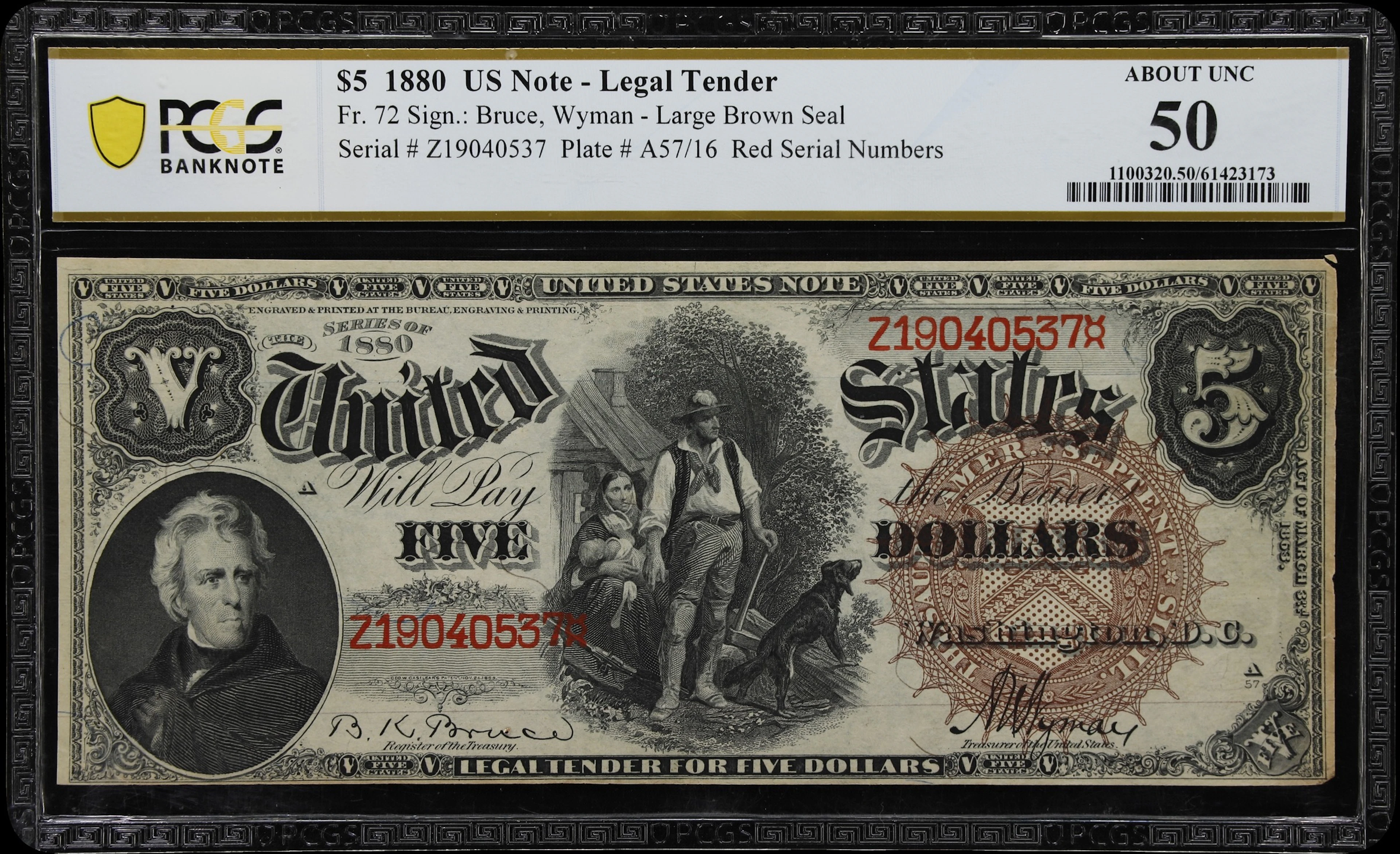 Fr. 72. 1880 $5 Legal Tender Note. PCGS Banknote About Uncirculated 50.