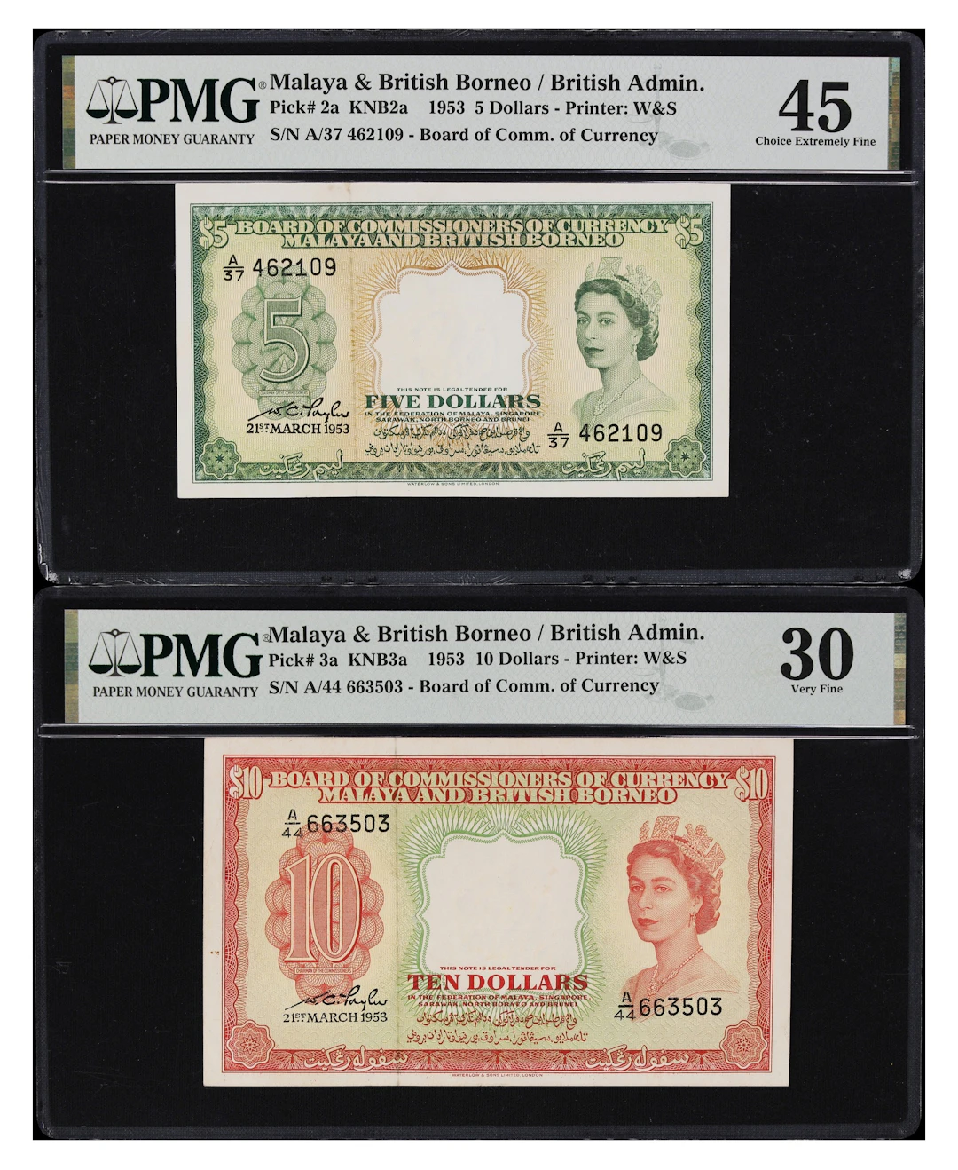 MALAYA AND BRITISH BORNEO. Lot of (2). Board of Commissioners of Currency.