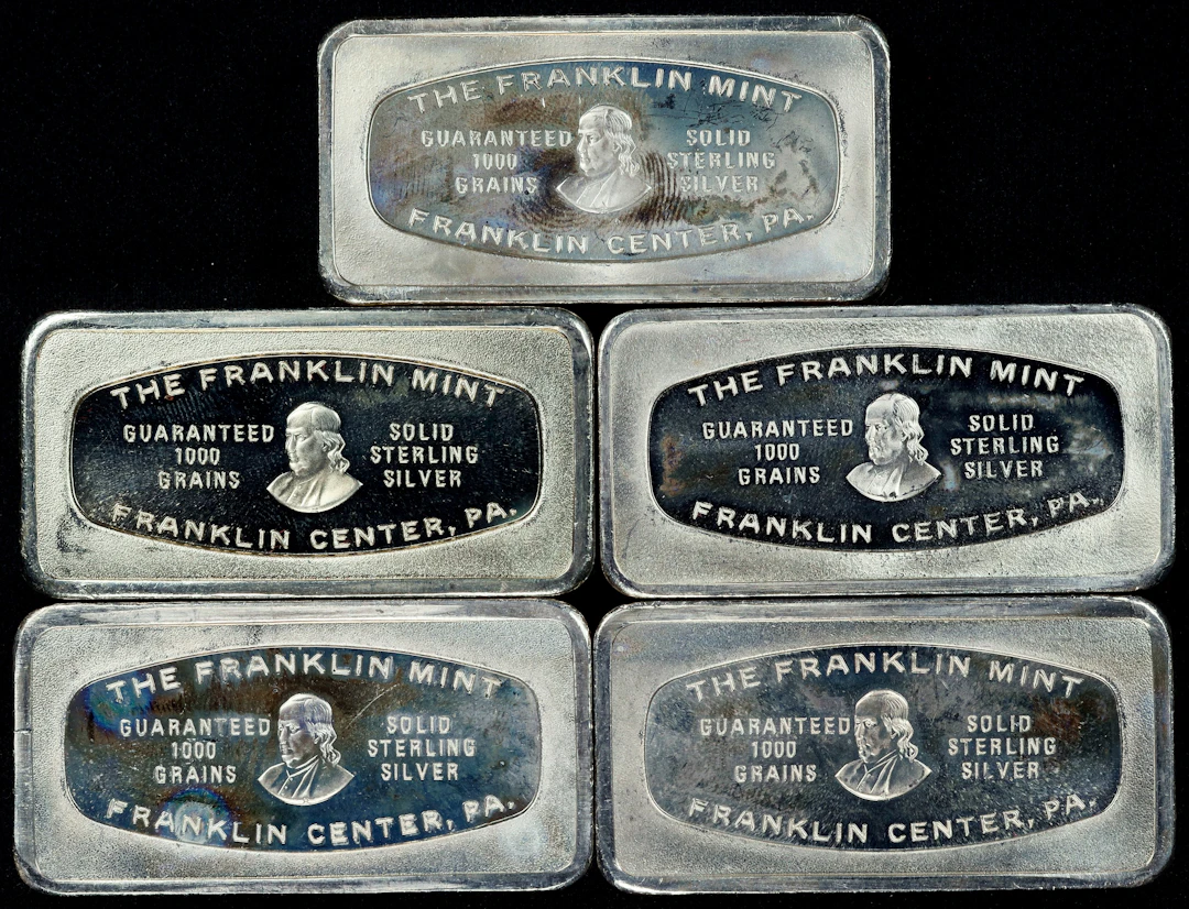 (9.635 oz, 299.7 g ASW). Lot of (5) Franklin Mint 1000 grain Assorted