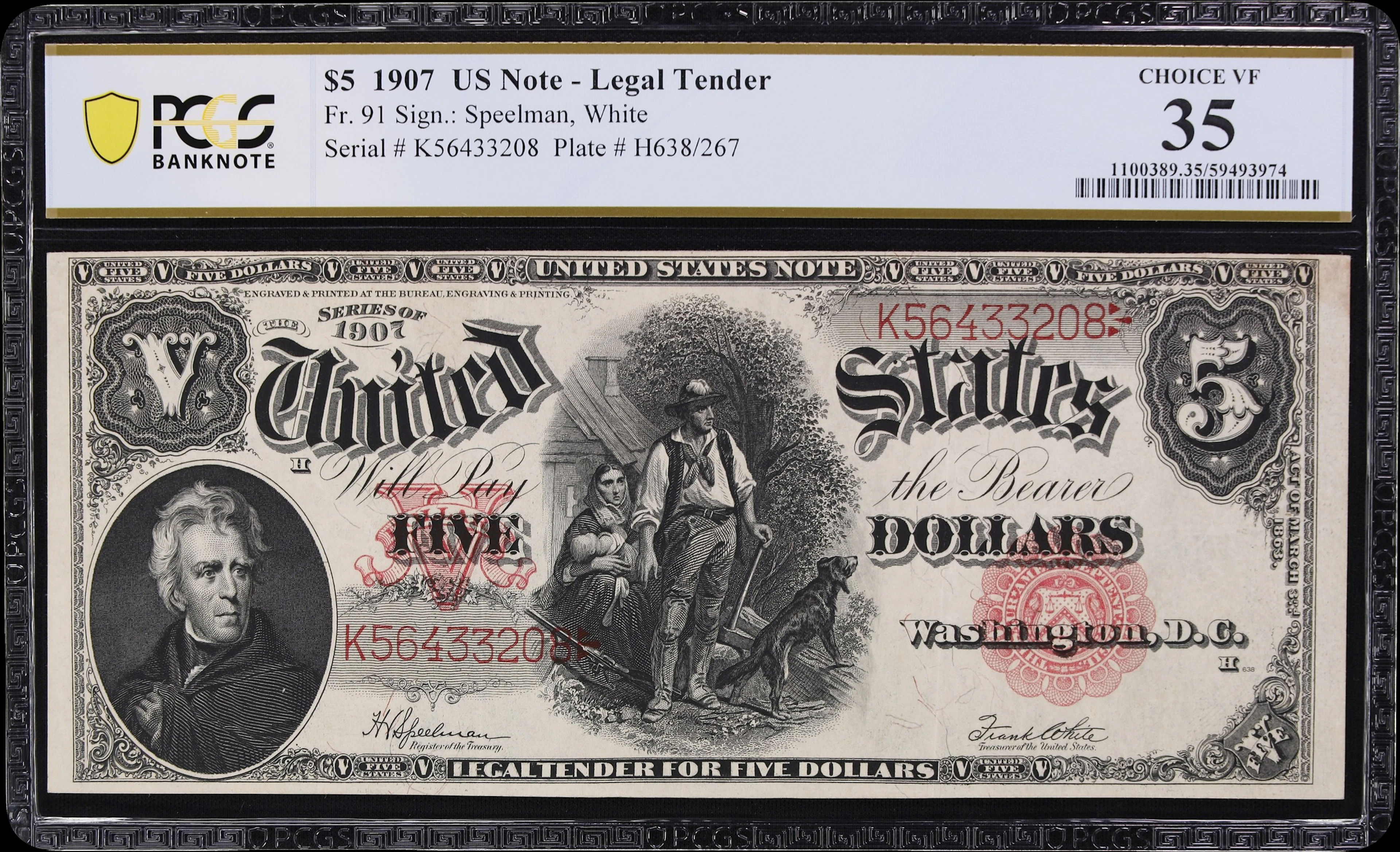 Fr. 91. 1907 $5 Legal Tender Note. PCGS Banknote Choice Very Fine 35.