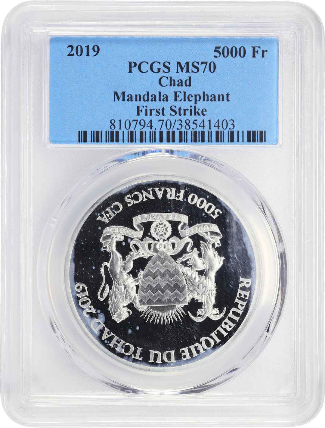 (1 oz, 31.104 g ASW). Chad. 2019 1 oz Mandala Elephant Silver 5,000