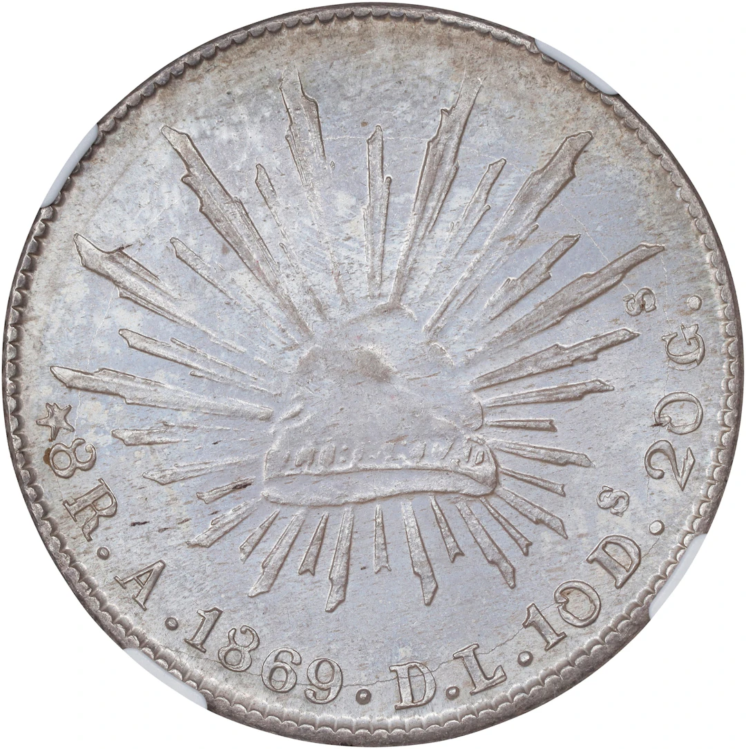 MEXICO. 8 Reales, 1869-A DL. Alamos Mint. NGC MS-63.