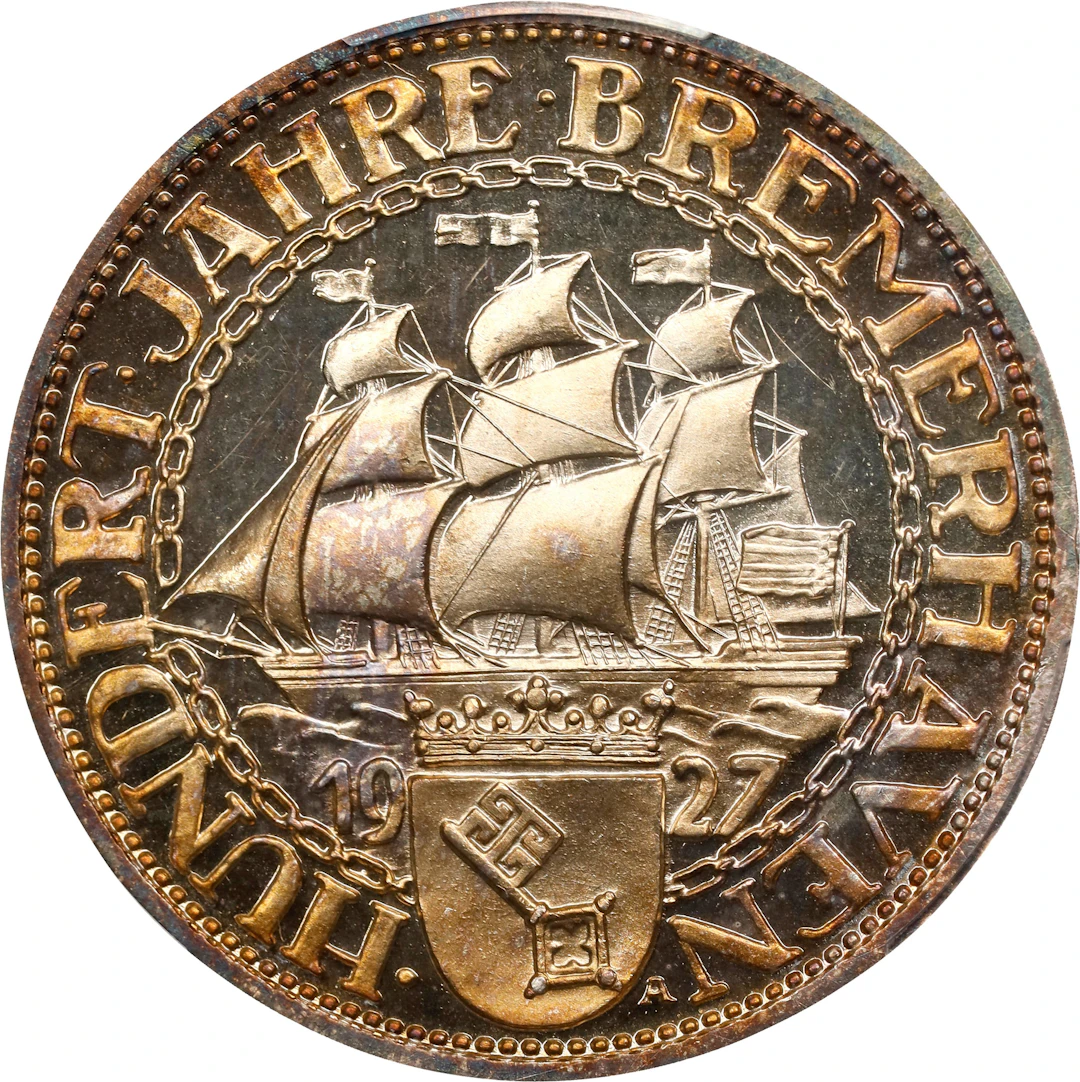 GERMANY. Weimar Republic. 3 Mark, Bremerhaven, 1927-A. Berlin Mint.